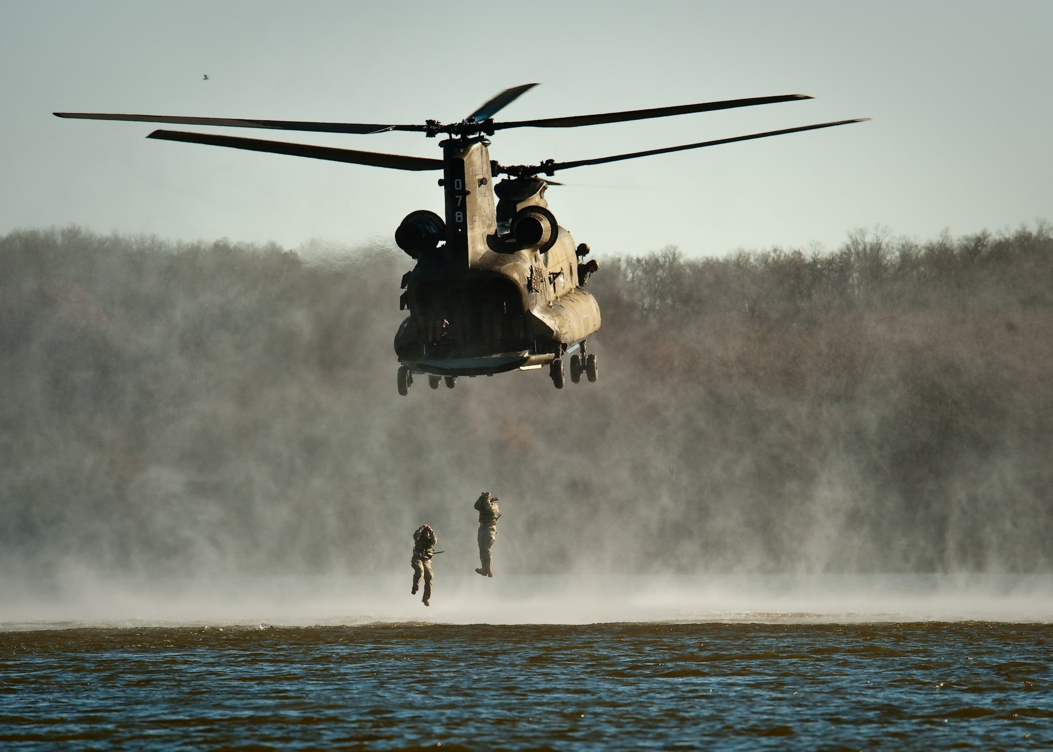 fall, military training, water, daytime, motion, people, hanging, flying, brown, helicopter, day, 1080P, rescue, transportation, two, mode of transportation, HD Wallpaper
