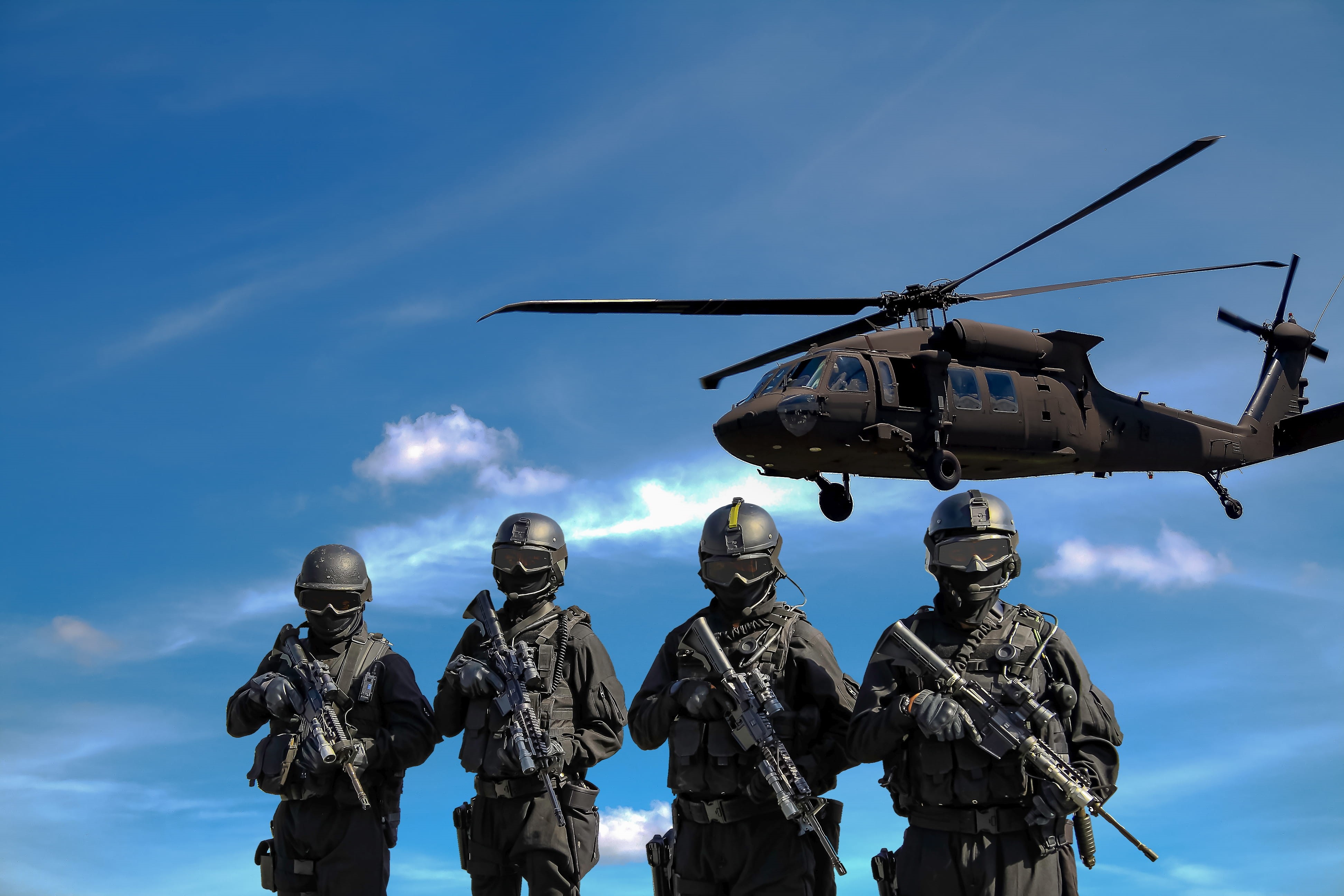 police, blue, rifles, weapons, dangerous, sky, mode of transportation, helicopter, weapon, special task force, military uniform, commando, defence, SWAT team, HD Wallpaper