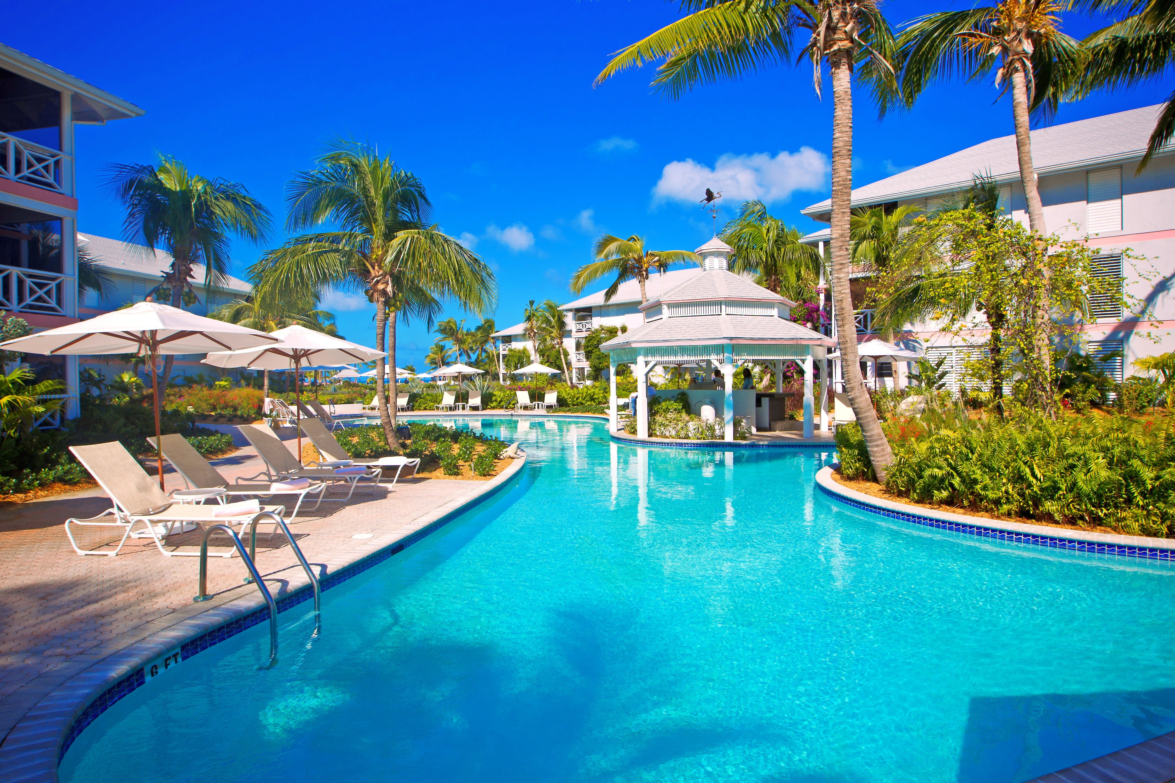 sky, swimming, pool, rental, swimming pool, 4K, palm trees, garden, Hotel, lounge, HD Wallpaper