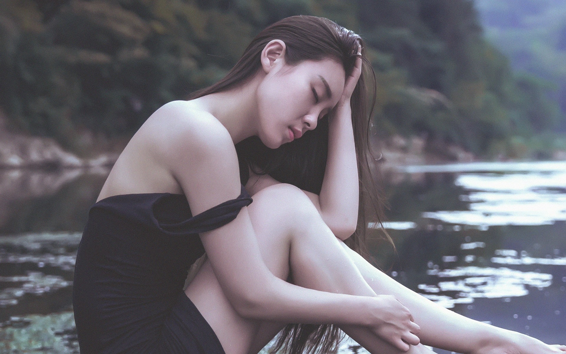 women, asian, outdoors, sitting, 1080P, HD Wallpaper