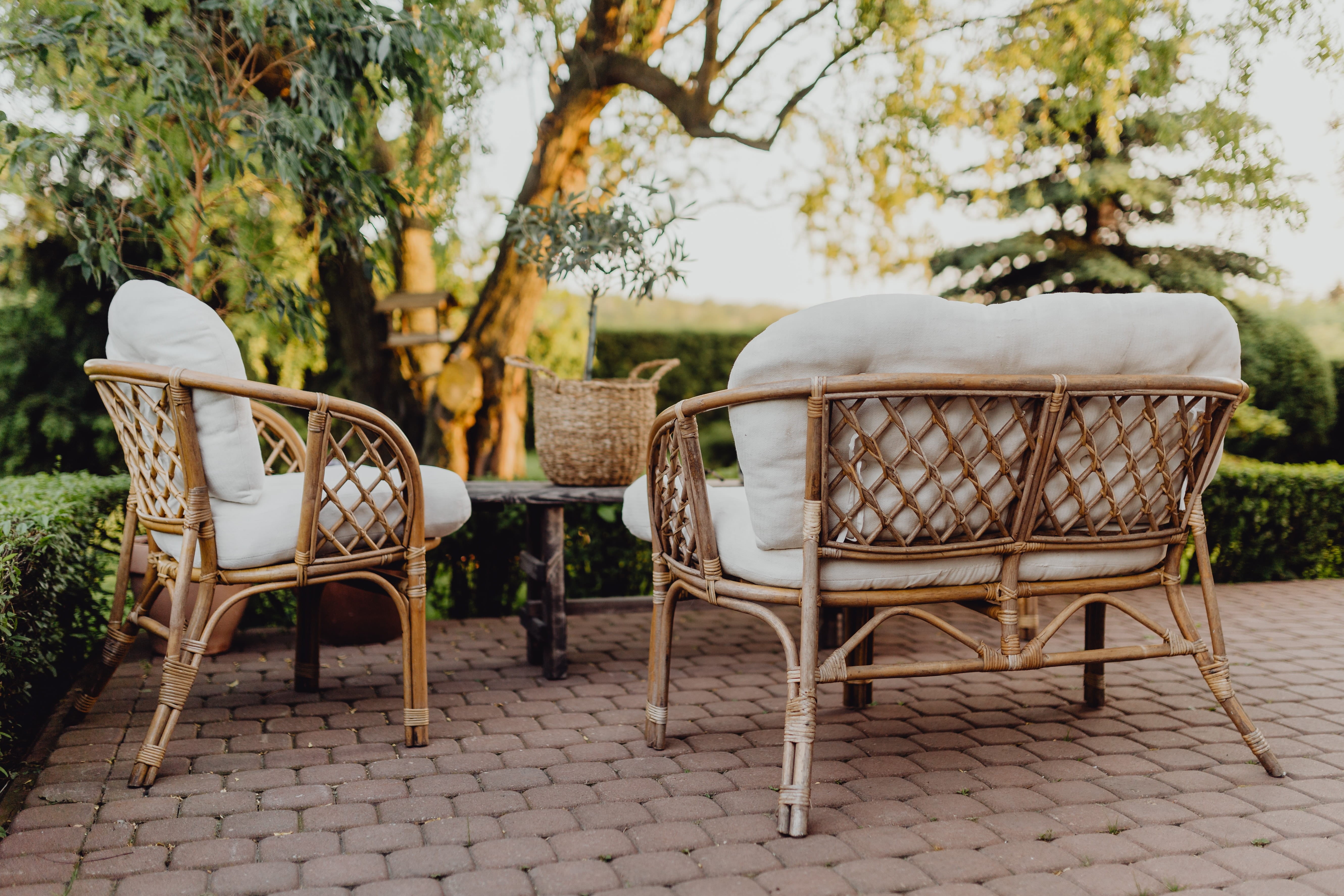 empty, summer, white color, plant, chair, furniture, absence, workspace, laptop, paving stone, wicker, seat, day, focus on foreground, no people, table, HD Wallpaper