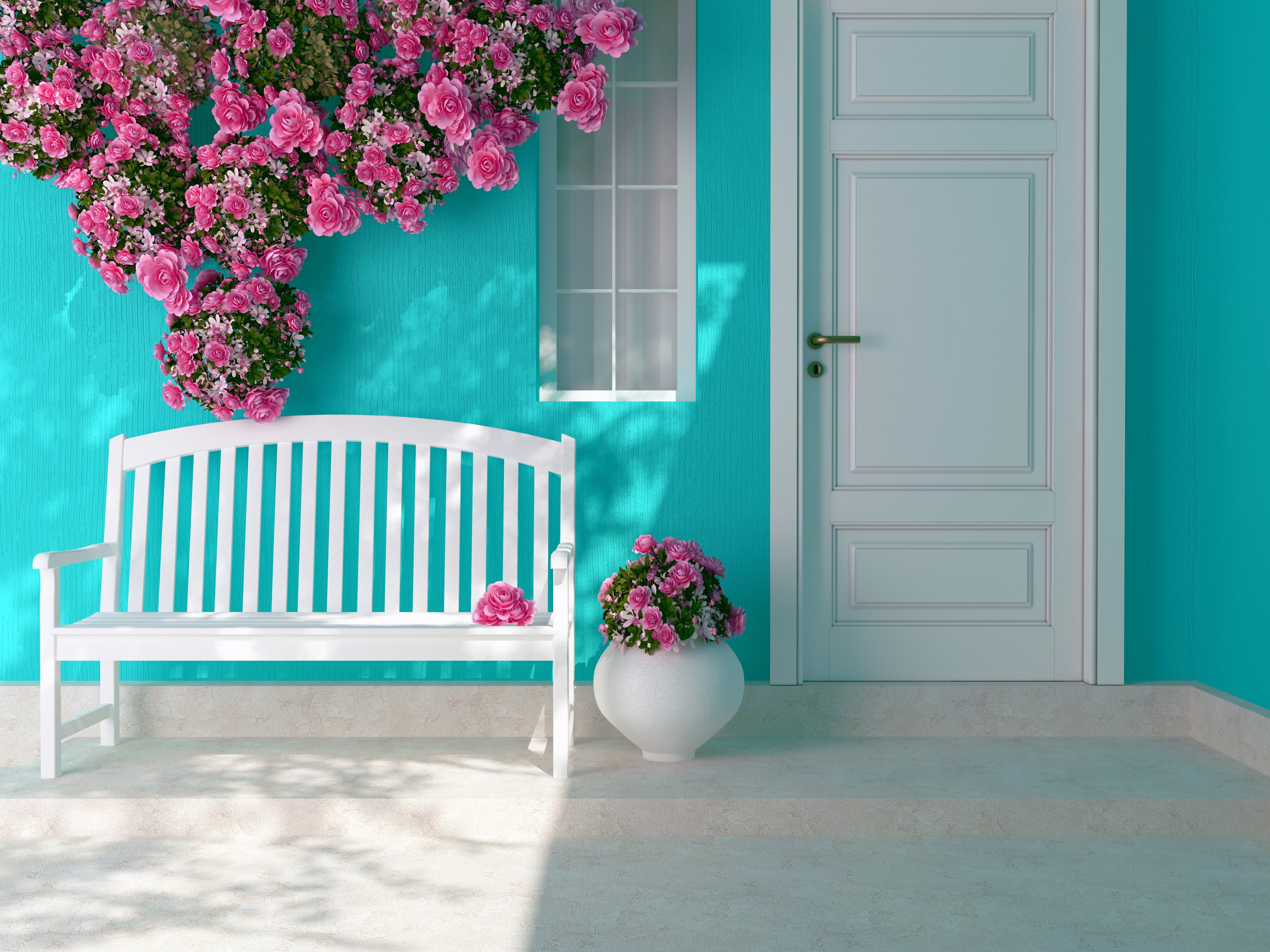 entrance, bouquet, outdoor, day, decoration, table, design, shop, flower head, plant, seat, building, window, outdoors, wooden, flower pot, blue, flower arrangement, HD Wallpaper