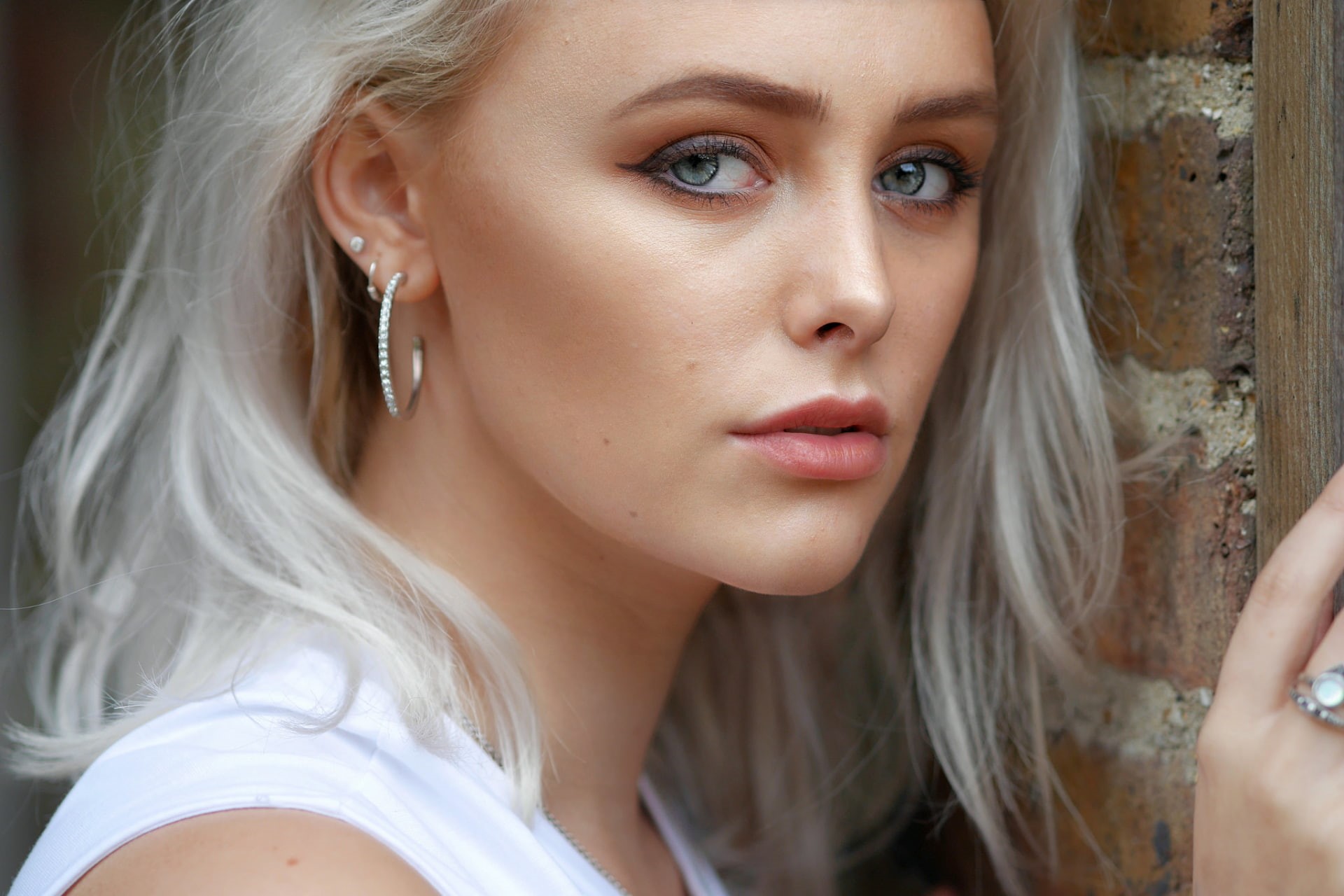 Blue Eyes, Model, Girl, Women, 1080P, Face, White Hair, Abbie Charlotte, Earrings, HD Wallpaper