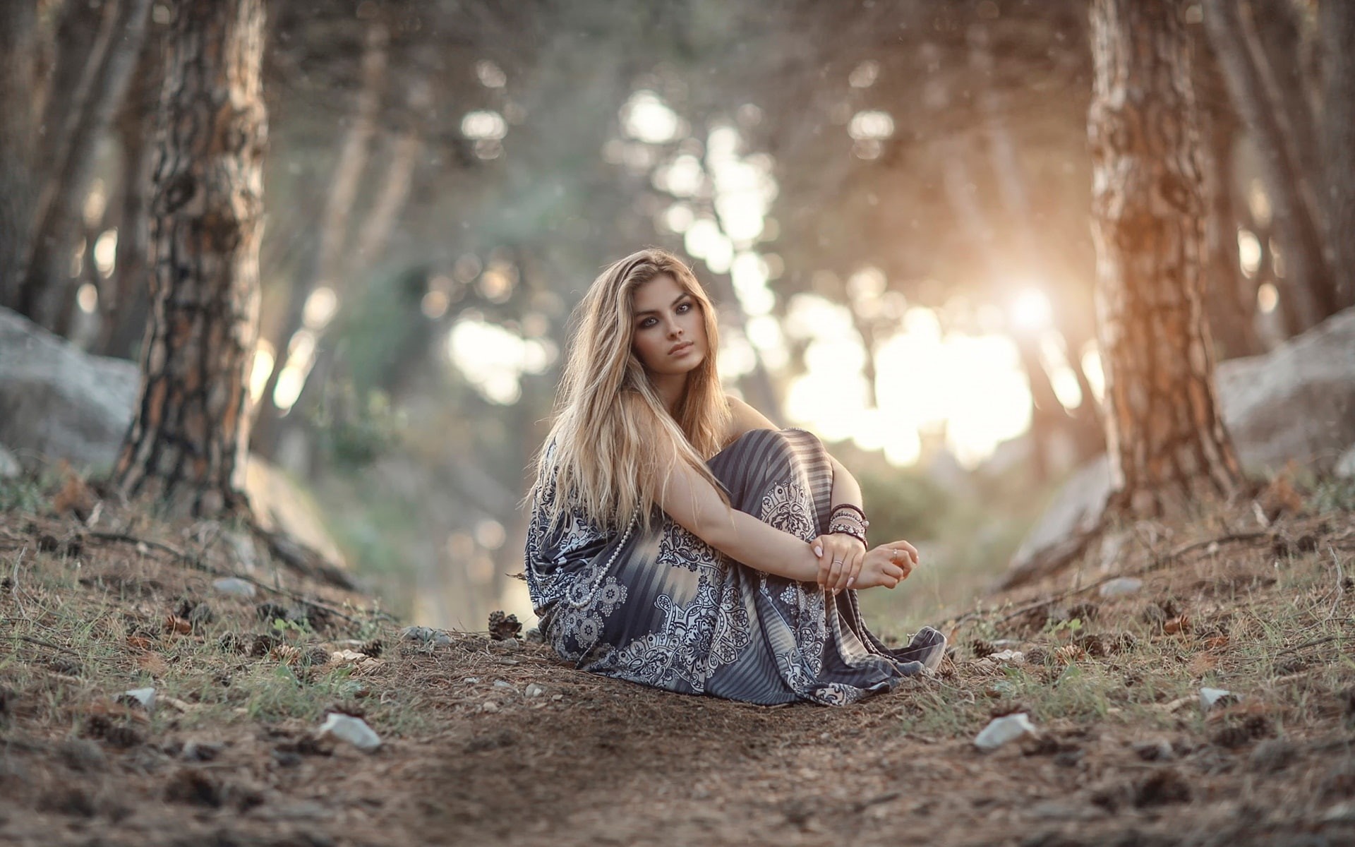 Forest, Sunrise, Sitting, Ground, floral, Girl, dress, 1080P, grey, woman, HD Wallpaper