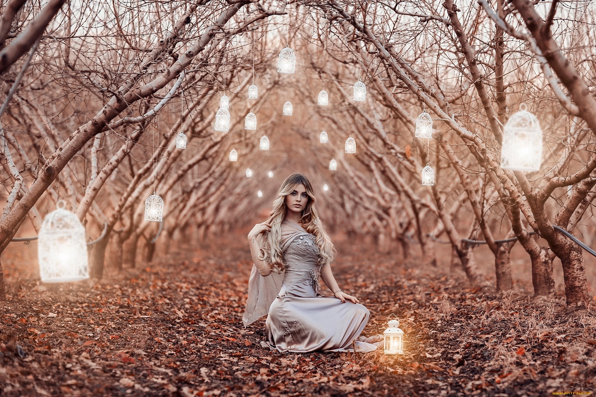 grey dress, Ombre Hair, women, 1080P, blonde, squatting, lantern, women outdoors, looking at viewer, Alessandro Di Cicco, HD Wallpaper