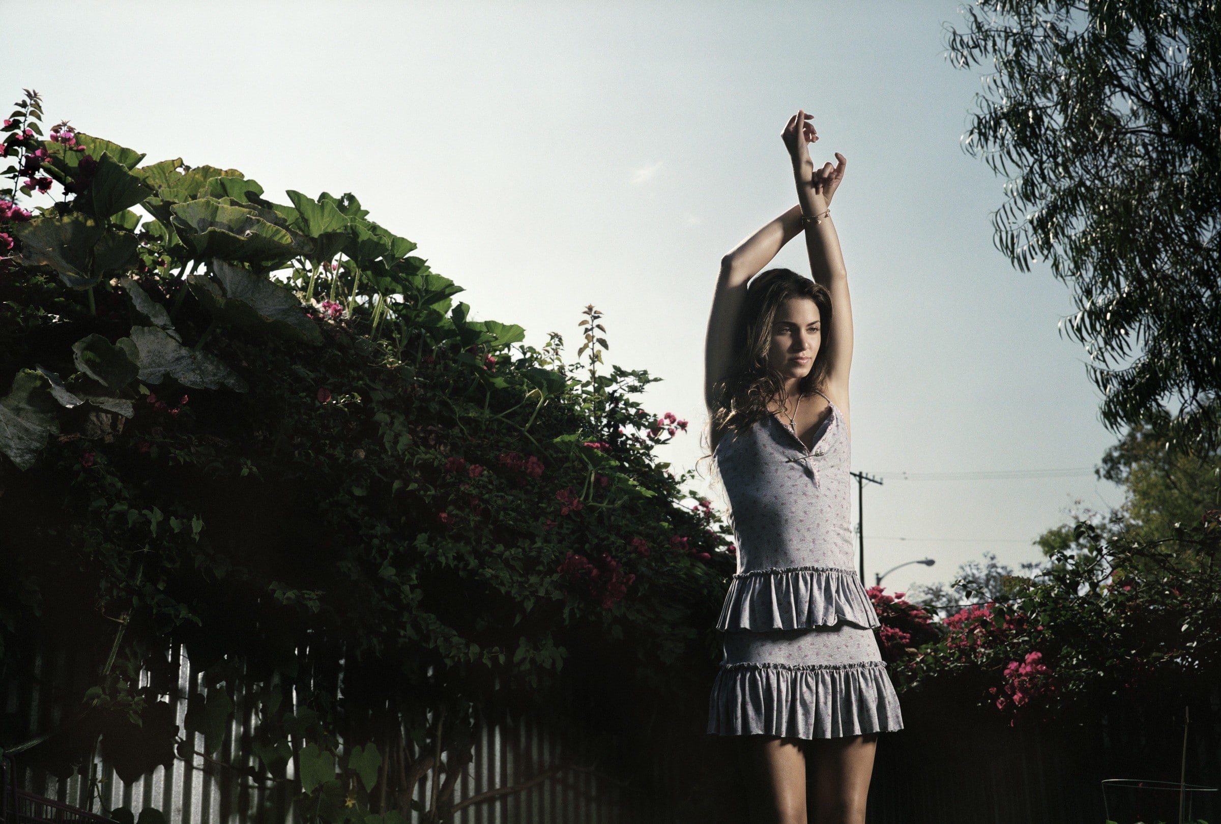 Nikki Reed, women outdoors, actress, armpits, skinny, arms up, women, grey dress, brunette, 1080P, HD Wallpaper