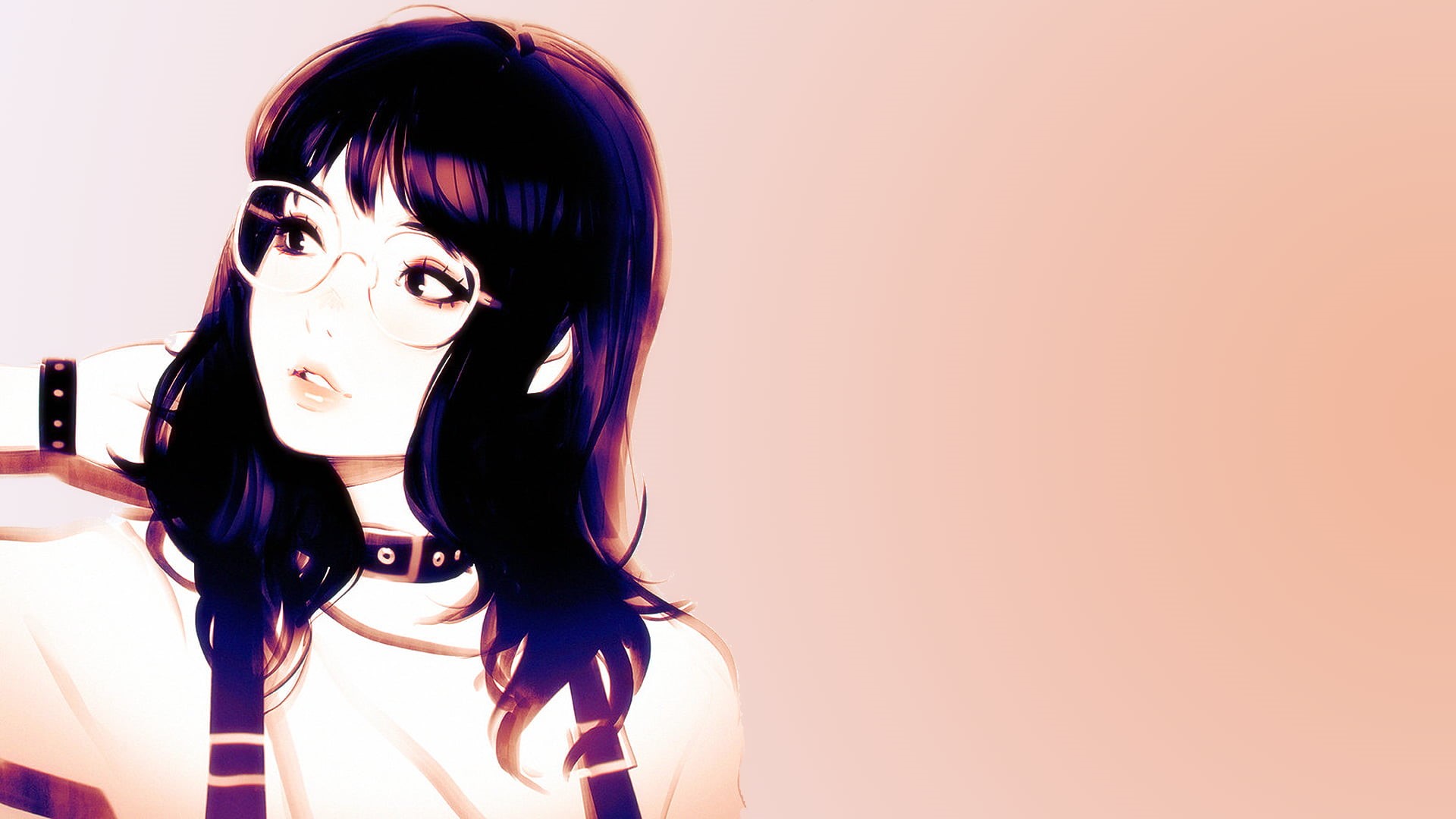 black hair, 1080P, shoulder length hair, glasses, minimalism, Ilya Kuvshinov, choker, HD Wallpaper