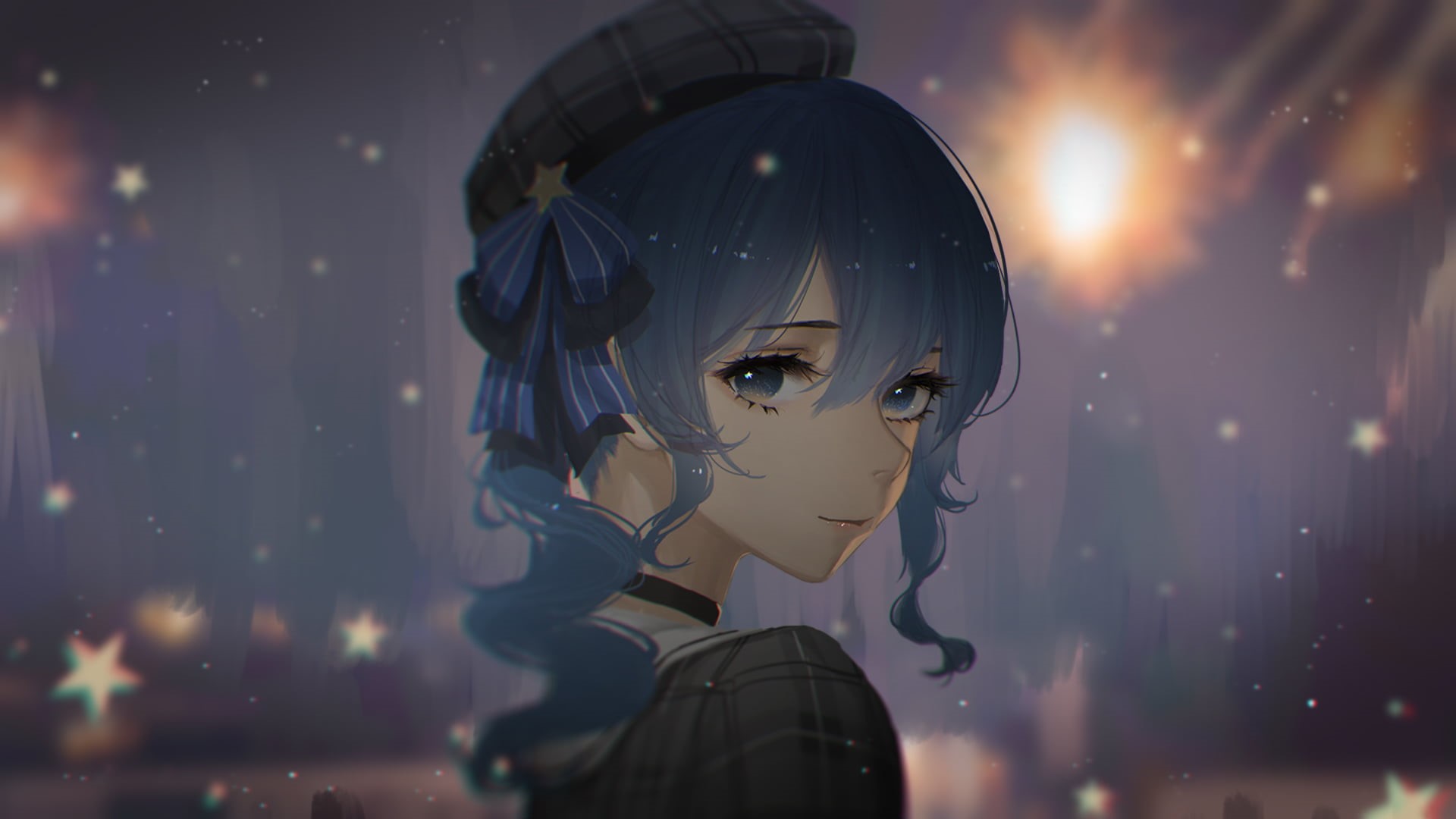 blue eyes, anime, Hololive, Suisei Hoshimachi, blue hair, berets, anime girls, stars, looking at viewer, 1080P, shoulder length hair, hat, HD Wallpaper