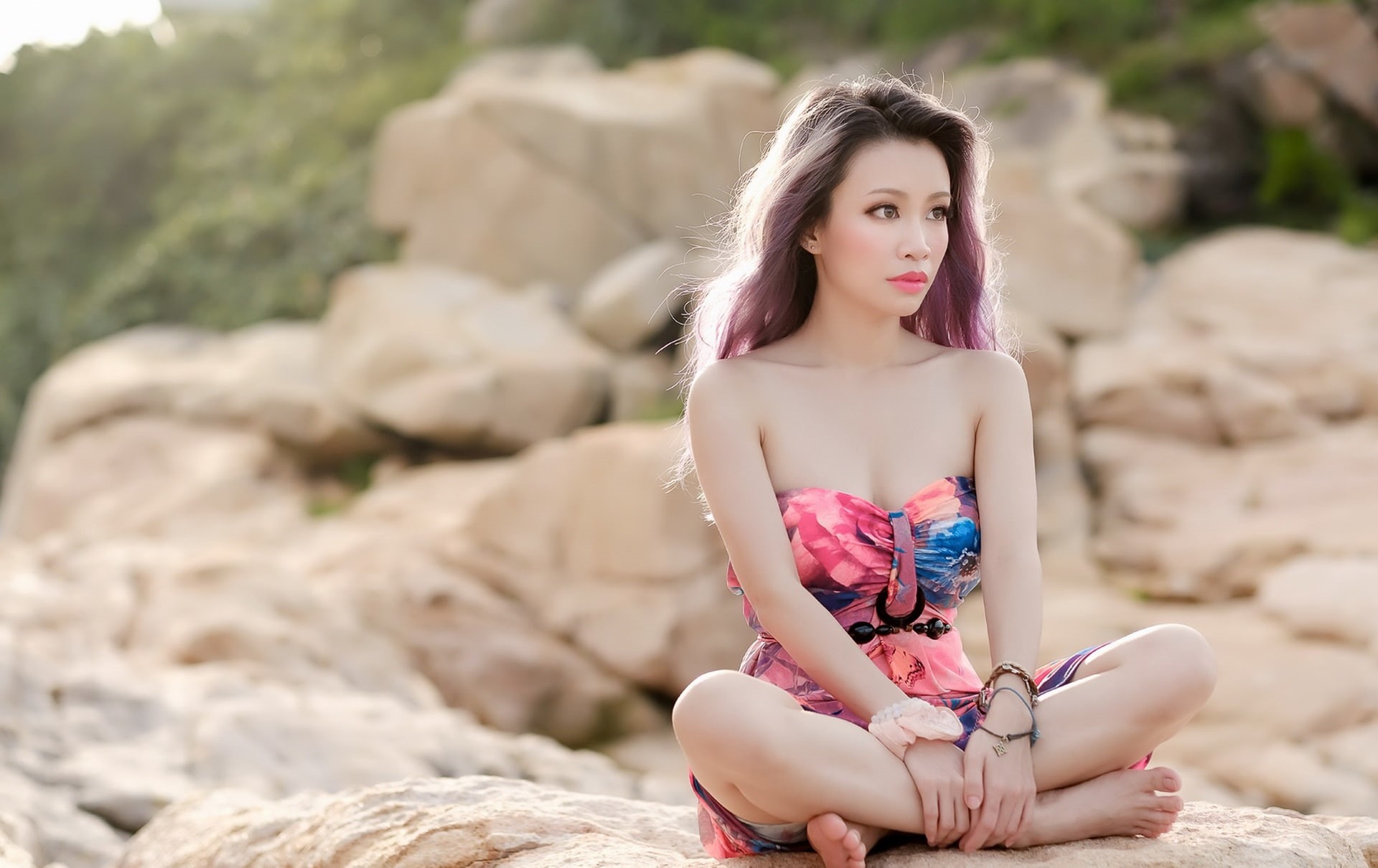 1080P, hair, leisure activity, Asian, solid, sitting, beautiful woman, rock - object, one person, bare shoulders, young women, women, beauty, off shoulder, HD Wallpaper