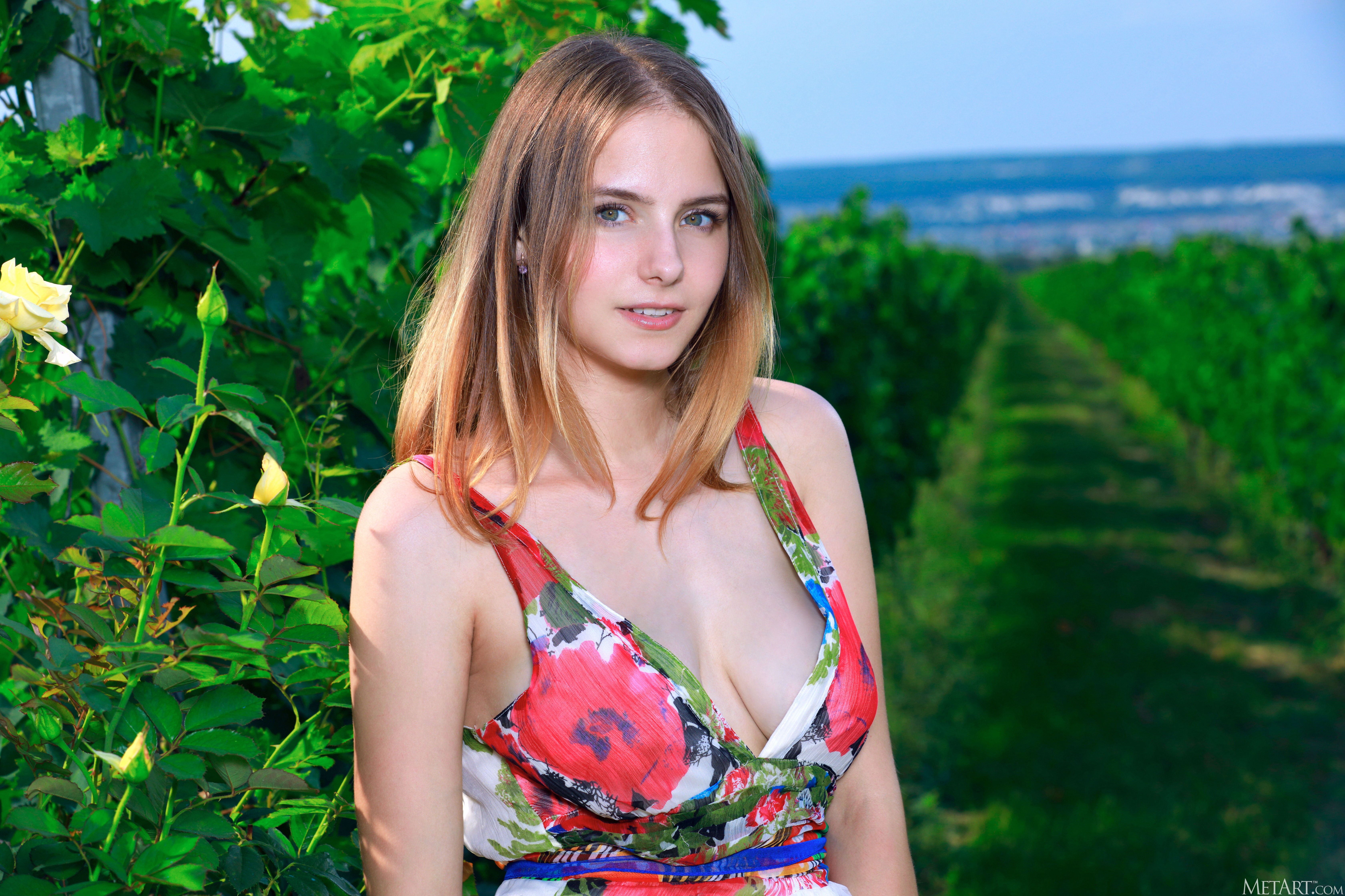 blonde, green eyes, plants, dress, path, flowers, shoulder length hair, sheet, nature, grass, MetArt Magazine, Dakota Pink, women, 5K, HD Wallpaper