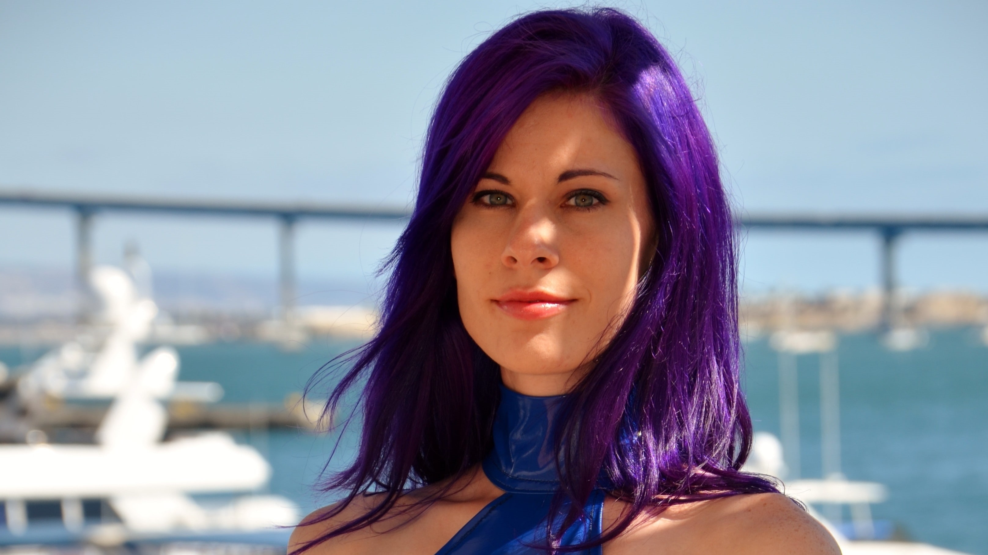 2K, shoulder length hair, purple hair, women, model, dyed hair, face, HD Wallpaper