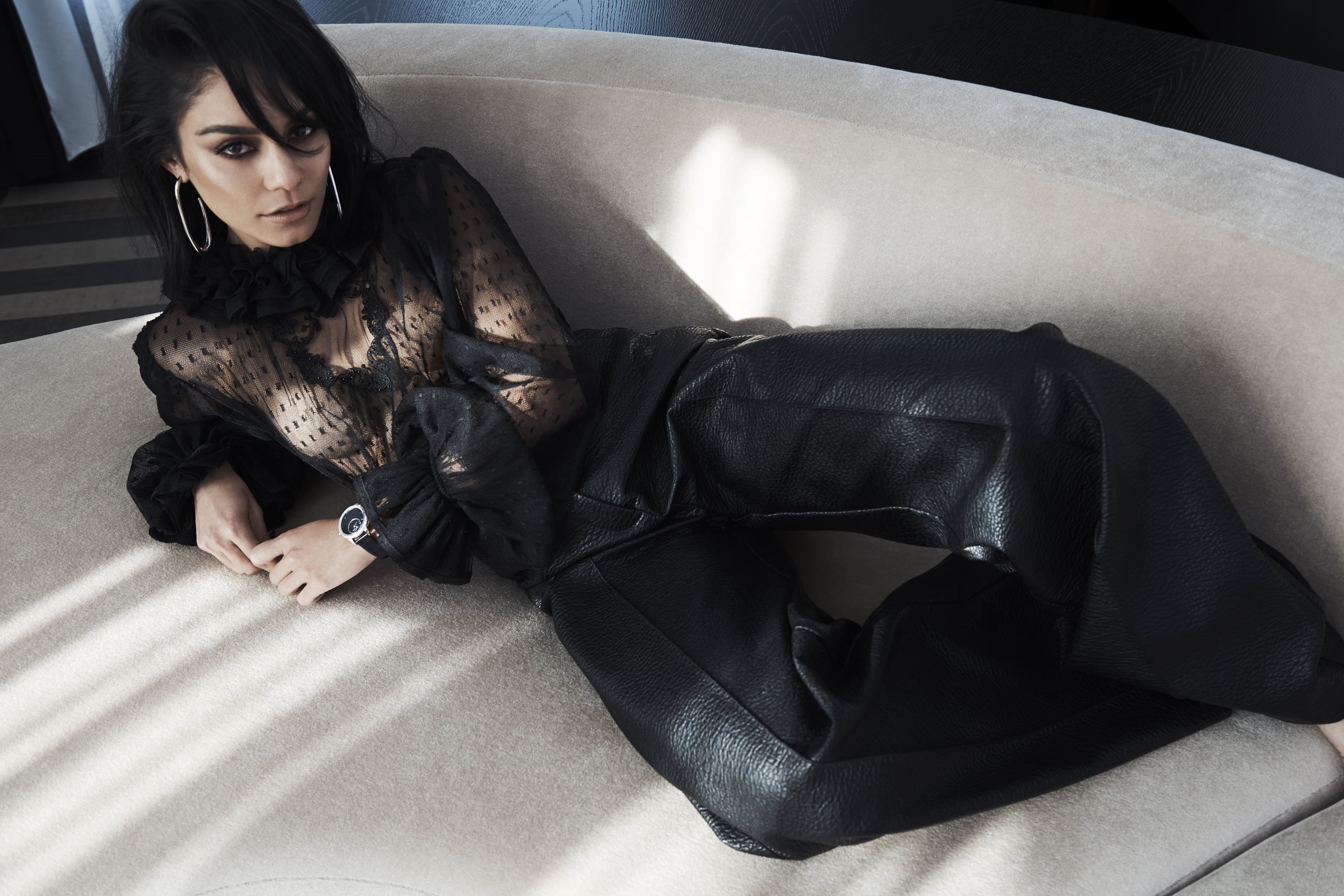 2K, see-through blouse, women, shoulder length hair, lying on side, Vanessa Hudgens, dark hair, women indoors, black clothing, actress, brunette, HD Wallpaper