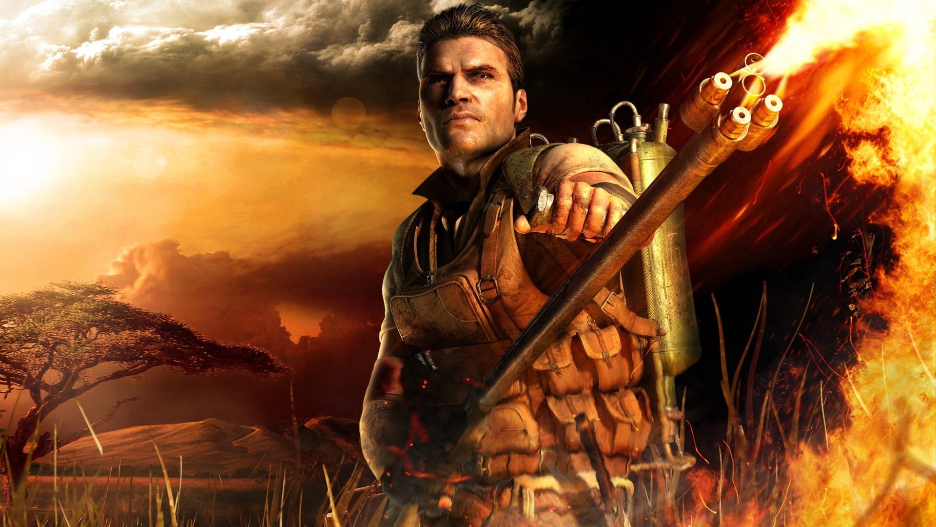 young adult, standing, heat - Temperature, working, sky, digital, far cry, portrait, flame, red, nature, vest, iron - Metal, look, power, waist up, adult, HD Wallpaper