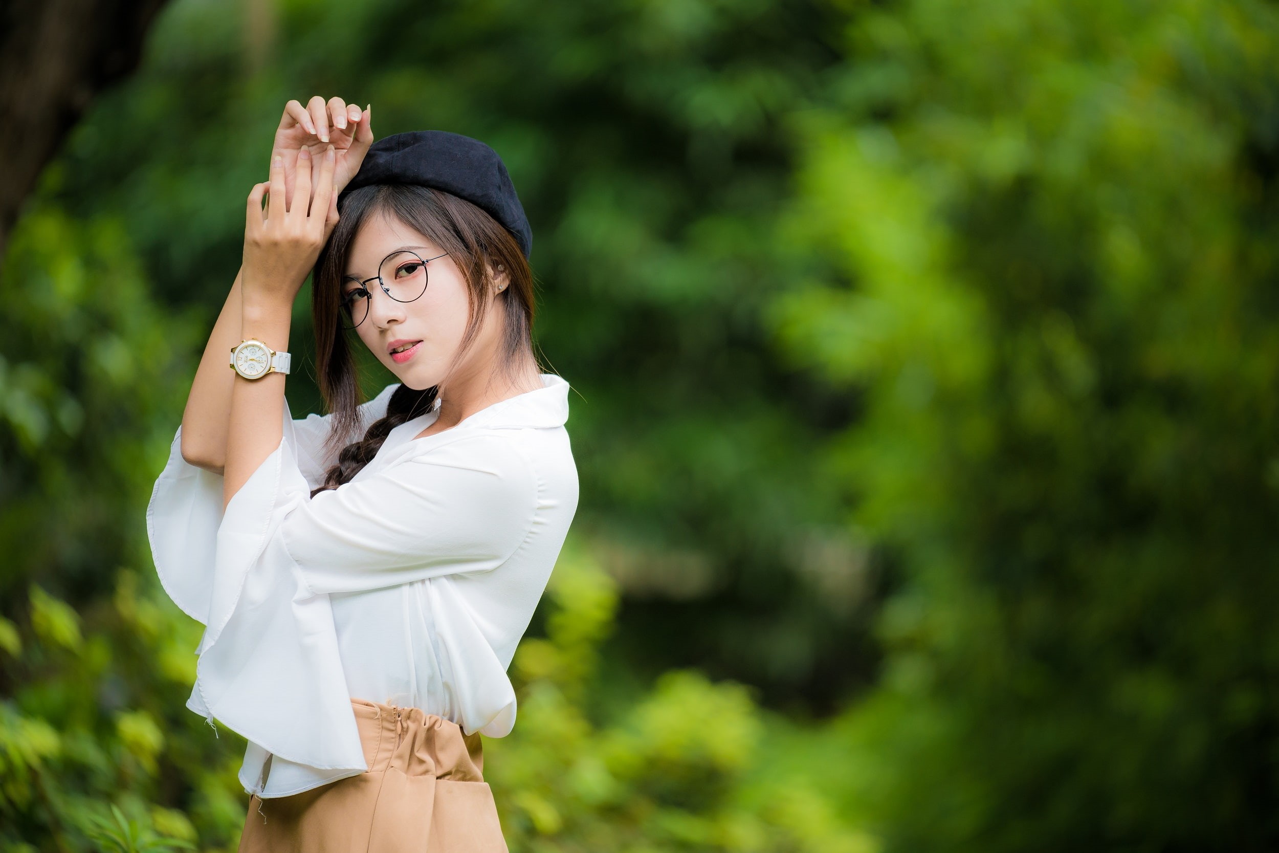 glasses, 1080P, shirt, model, berets, Asian, looking at viewer, women with glasses, women, women outdoors, brunette, watches, HD Wallpaper