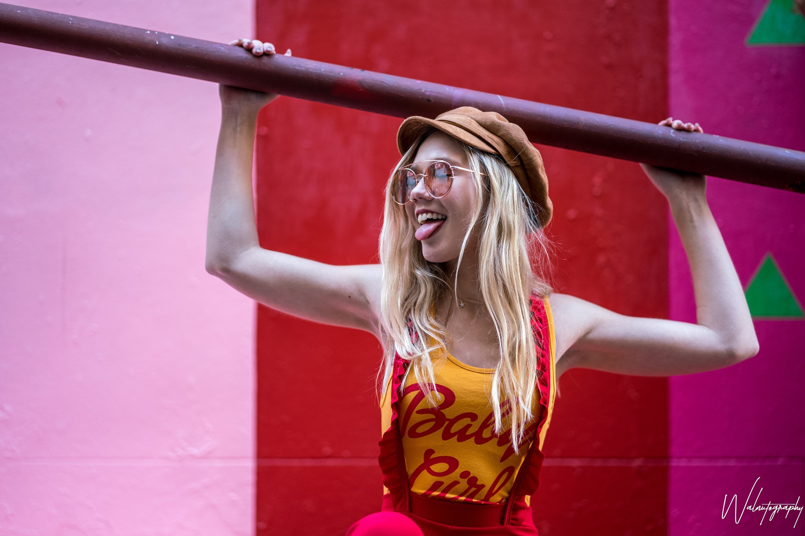 day, women, pink color, arms raised, tongue out, suspenders, model, hair, standing, lifestyles, front view, sport, 2K, waist up, young women, young adult, HD Wallpaper