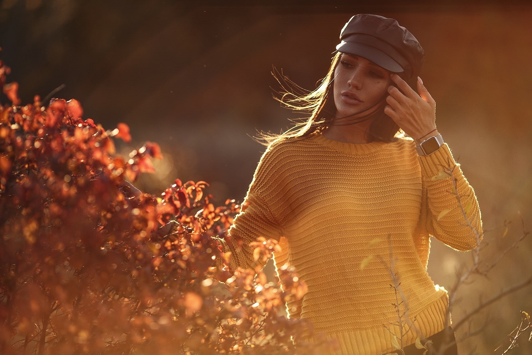720P, real people, outdoors, model, clothing, front view, bokeh, tree, lifestyles, waist up, nature, touching hair, looking away, portrait, adult, standing, HD Wallpaper