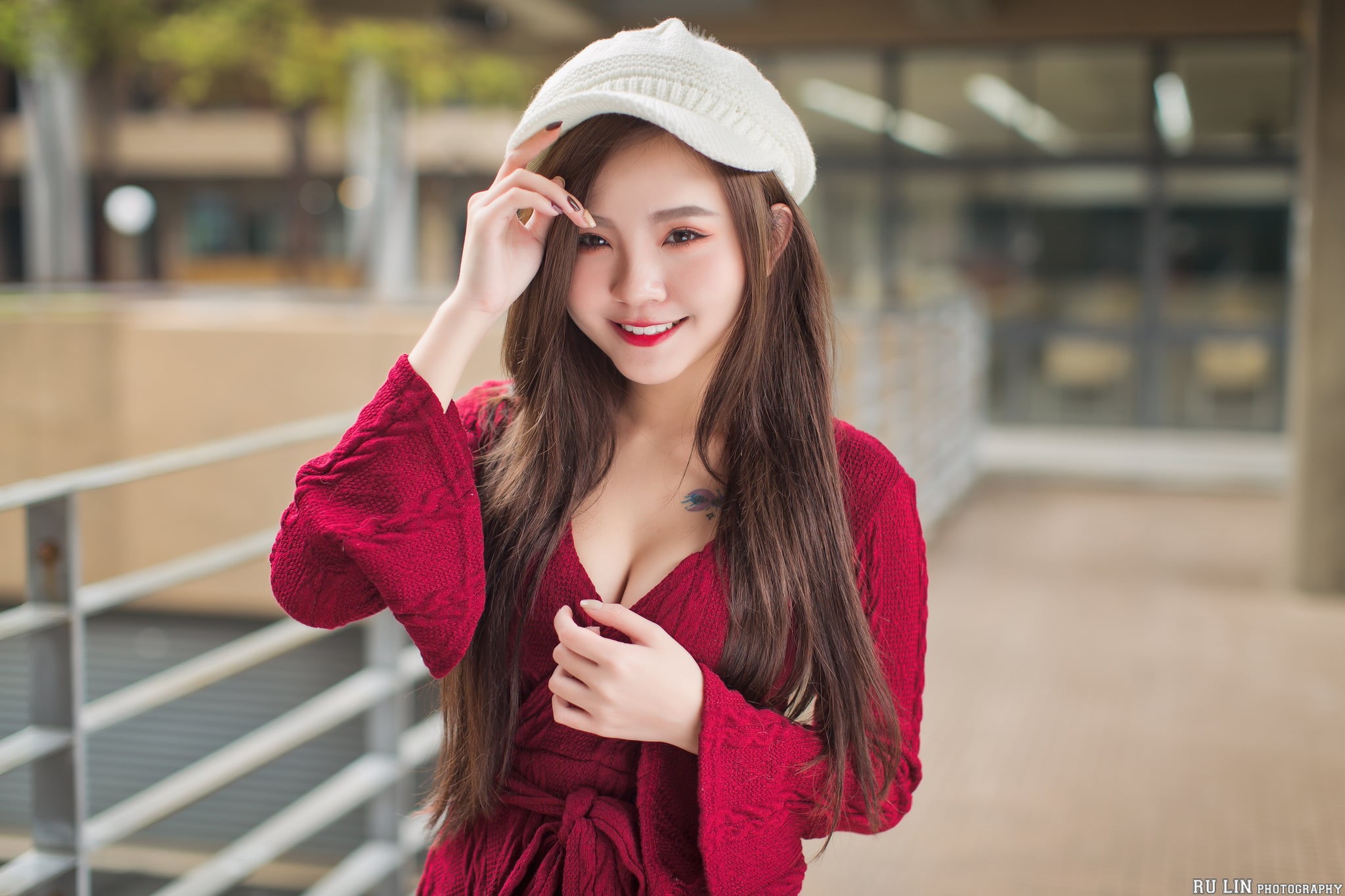 tattoo, red dress, dress, women, Asian, portrait, 1080P, cleavage, berets, depth of field, long hair, women outdoors, looking at viewer, red lipstick, HD Wallpaper