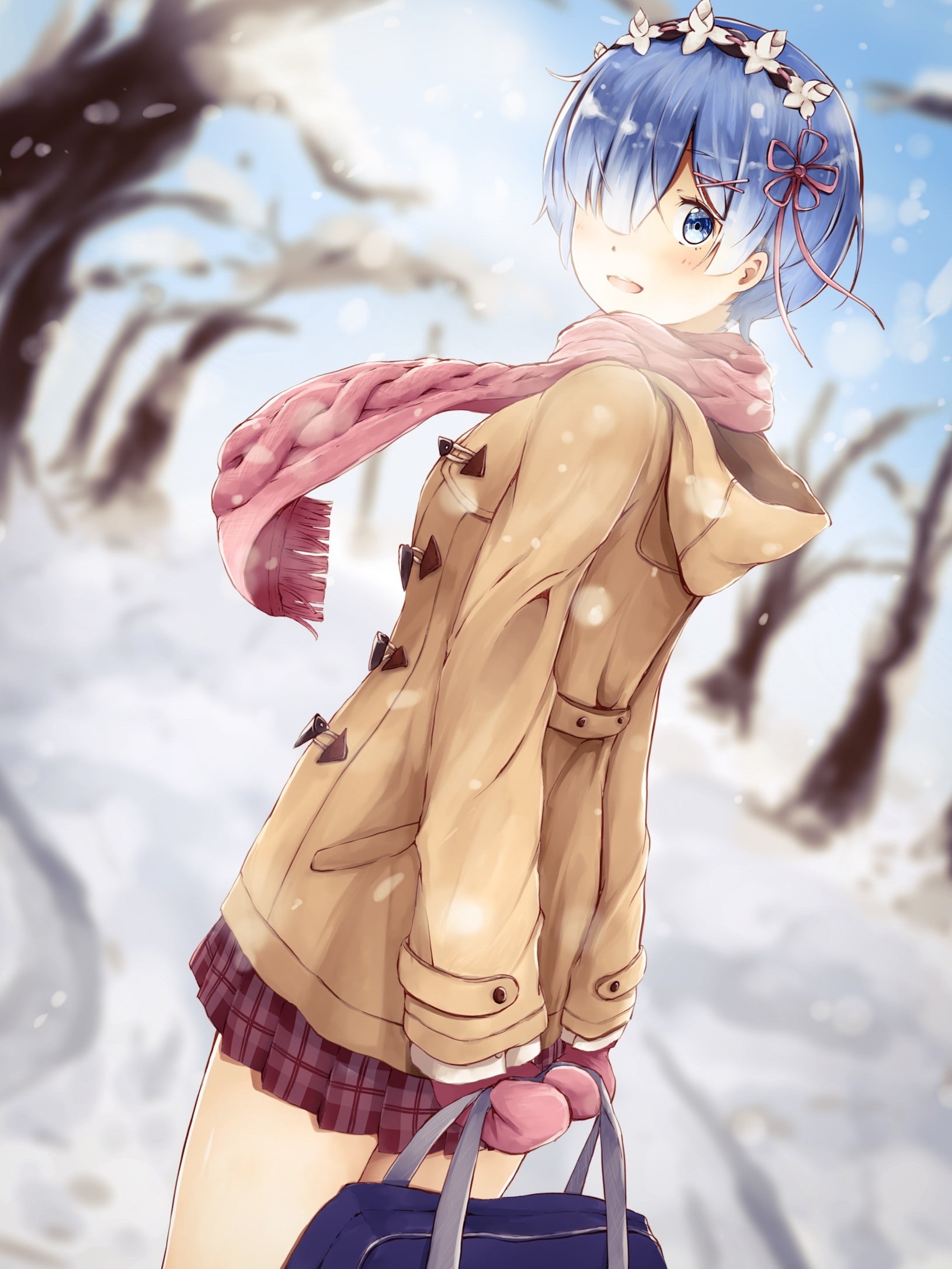 winter, wearing, hairstyle, jacket, beautiful woman, day, young adult, Rem (Re: Zero), blue hair, brown, blue eyes, short hair, beauty, anime, illustration, Phone HD Wallpaper