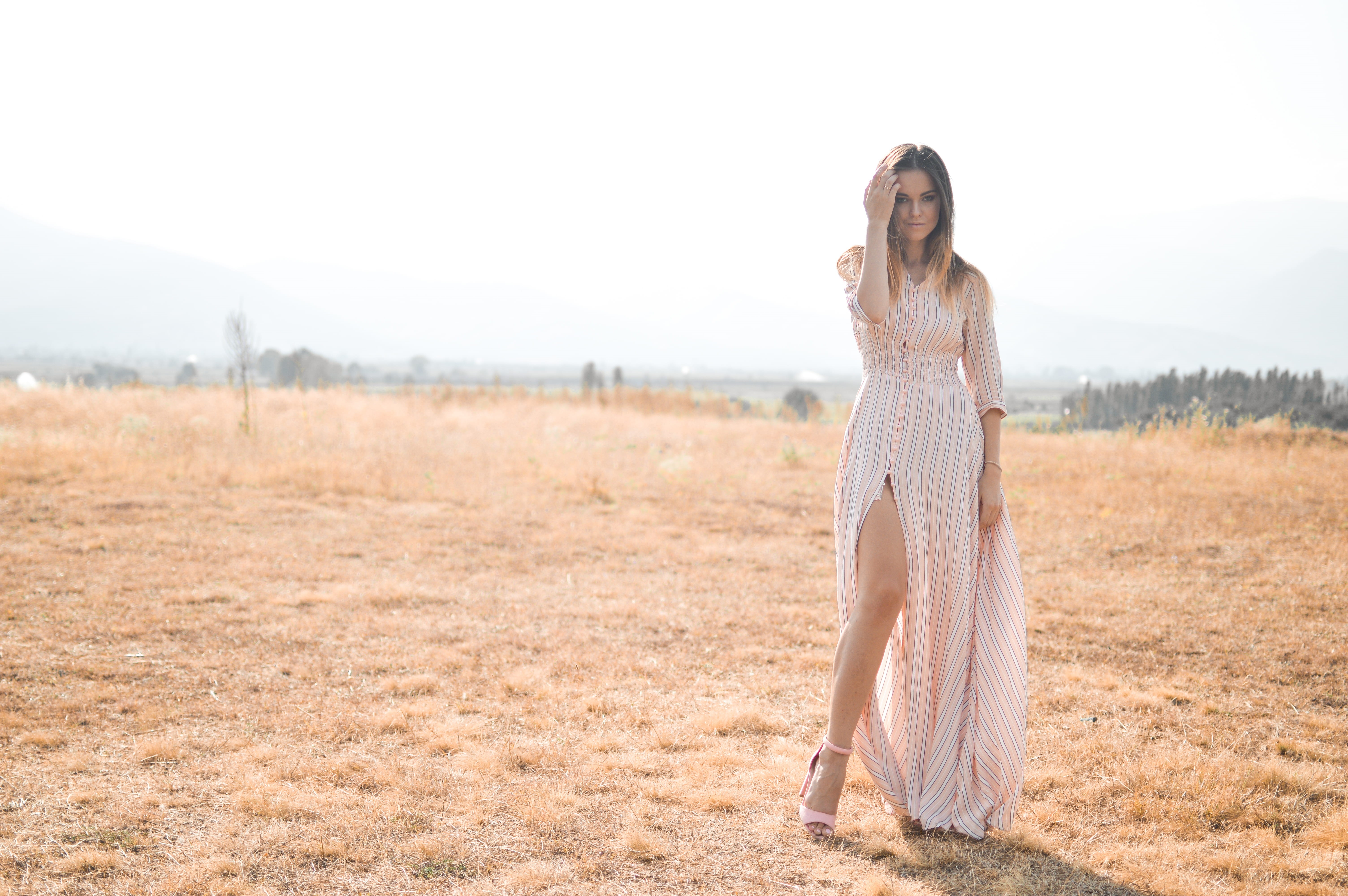 atmosphere, sky, beauty, freedom, white, 5K, side, sleeved, full length, outdoors, lady, blonde, caucasian, greece, pink, nature, field, long hair, women, HD Wallpaper