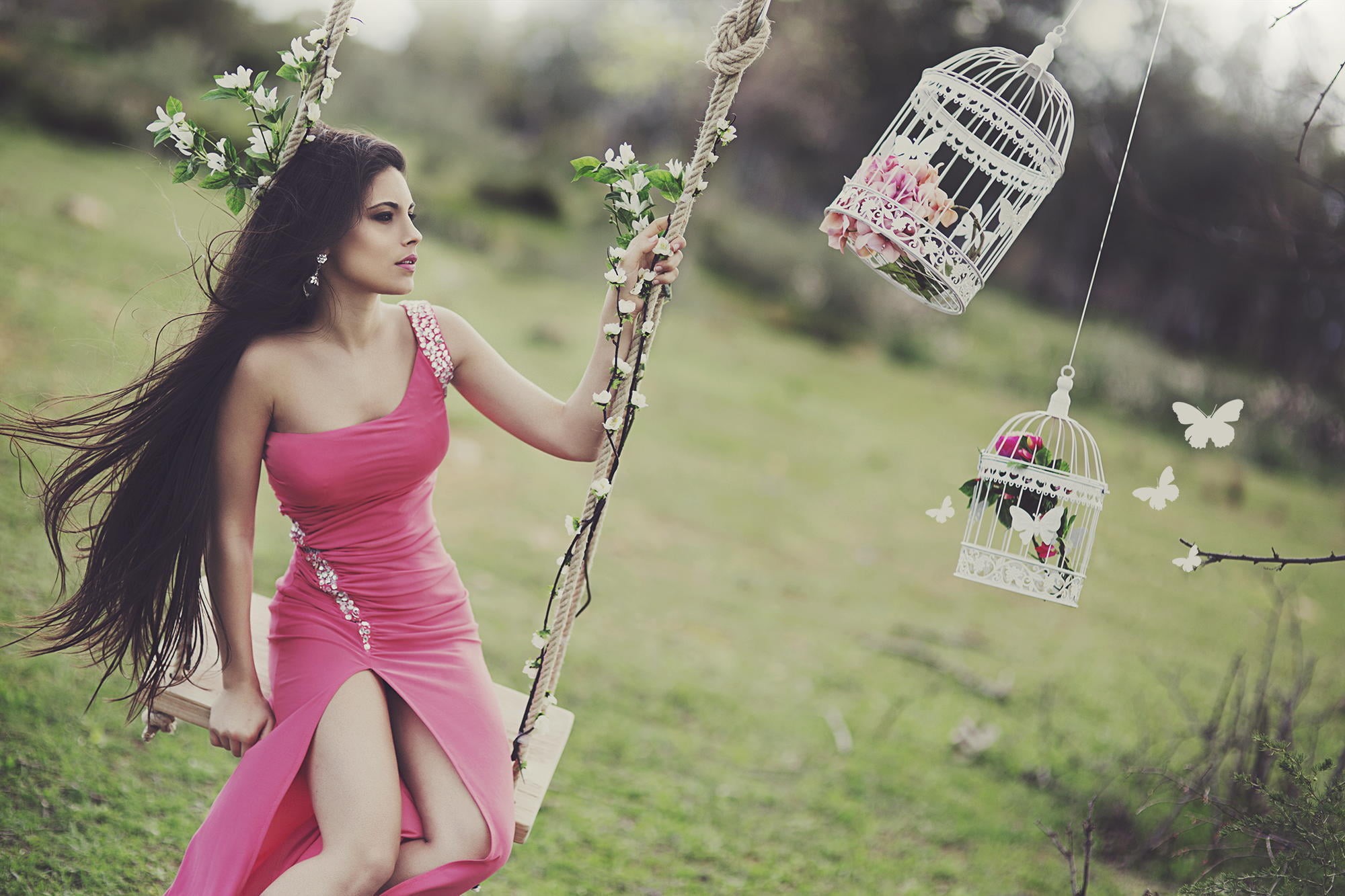 nature, focus on foreground, long hair, pink, swing, beauty, Girl, 1080P, plant, fashion, legs, pose, beautiful woman, three quarter length, body, field, HD Wallpaper
