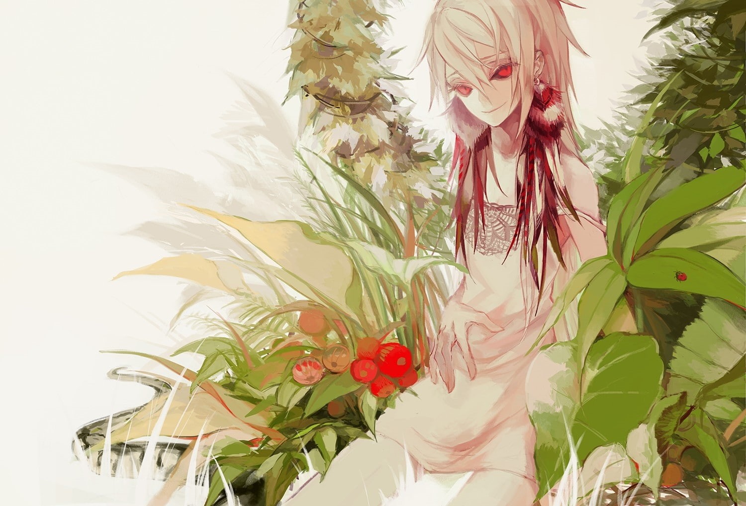 eyes, art, pink, long, hd, red, anime, sitting, girls, animals, slit, Dress, hair, plants, p, bugs, earrings, insects, 720P, smiling, nature, HD Wallpaper