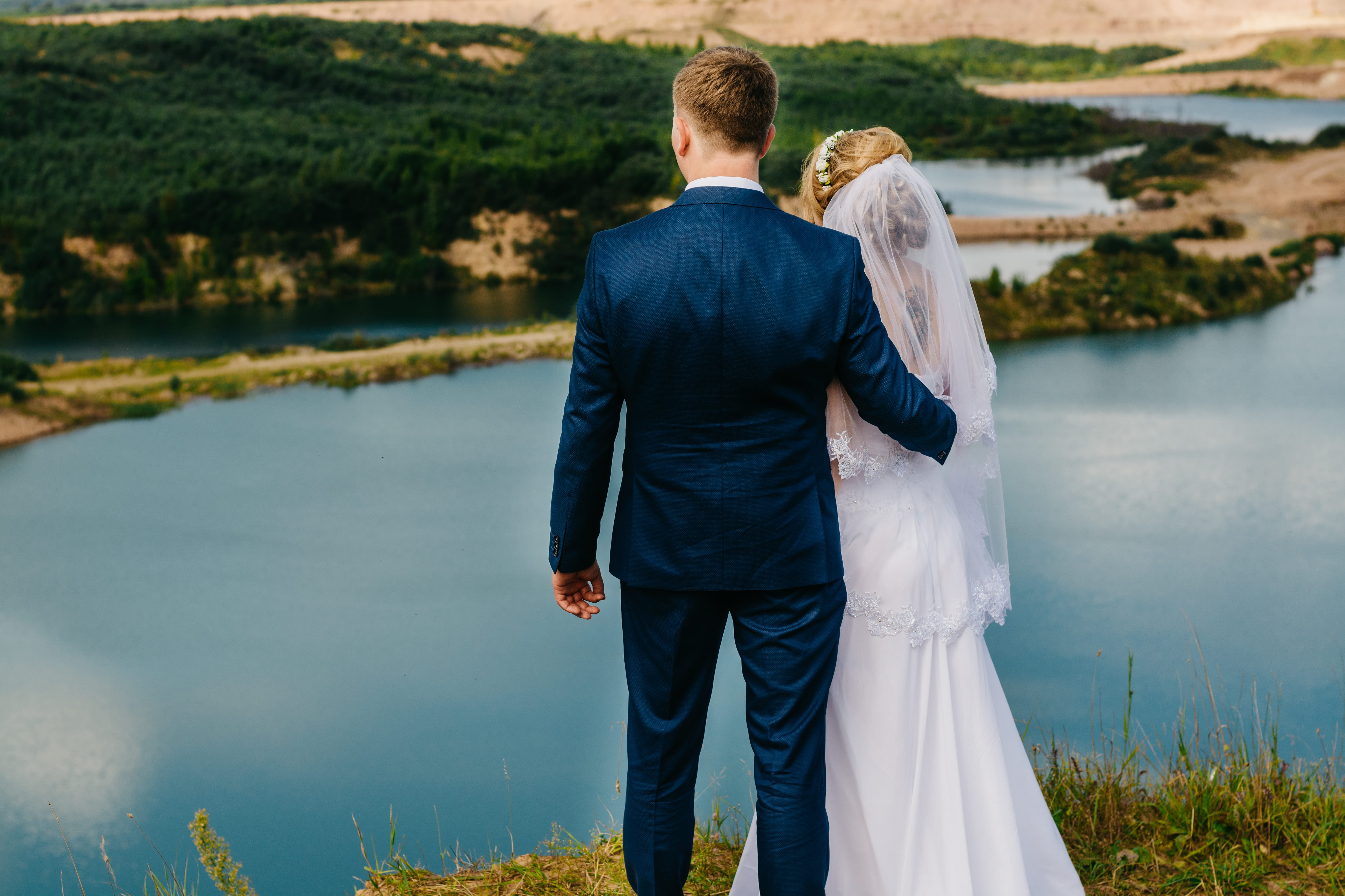 women, dress, daytime, people, togetherness, bonding, day, wedding, wedding dress, happiness, real people, adult, beautiful, water, near, couple, marriage, HD Wallpaper
