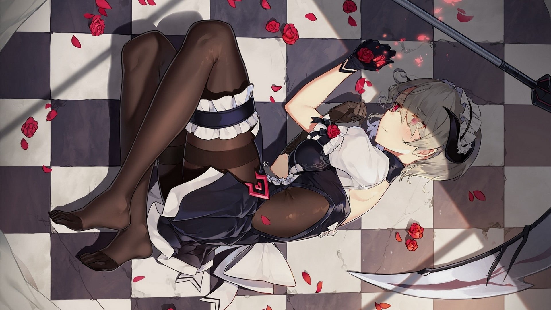 rose, uniform, 1080P, Honkai Impact 3rd, game art, Rita Rossweisse, short hair, red eyes, petals, skirt, flowers, HD Wallpaper