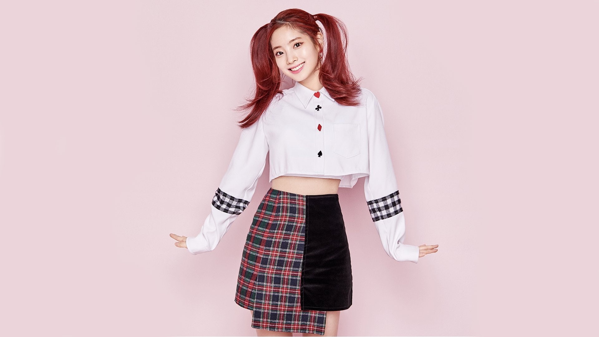 Woman, Twice, Red Hair, K-Pop, Dahyun (Singer), 1080P, Korean, Smile, Brown Eyes, Skirt, Band (Music), Ponytail, Twice (Band), Singer, HD Wallpaper