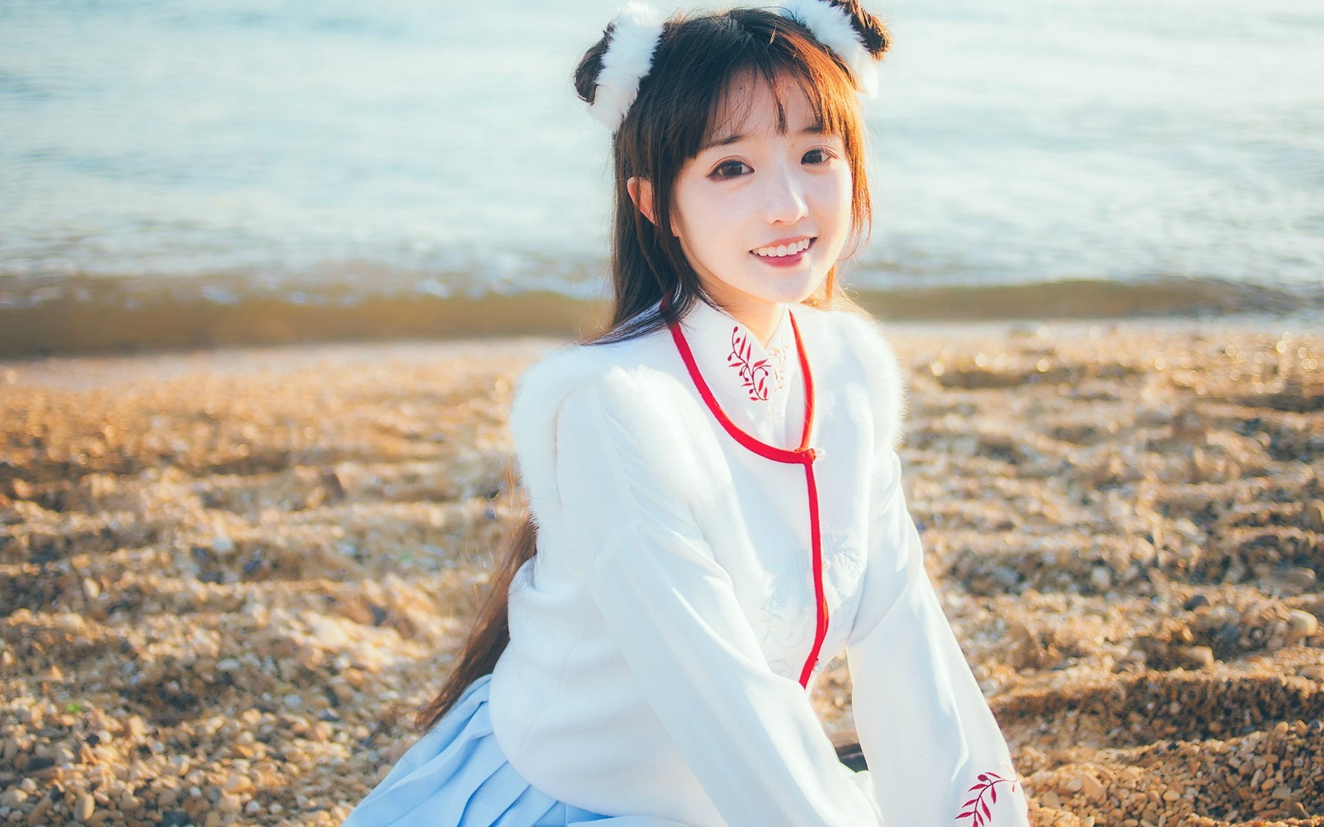 white clothing, hanfu, Chinese dress, 1080P, pebbles, Asian, HD Wallpaper