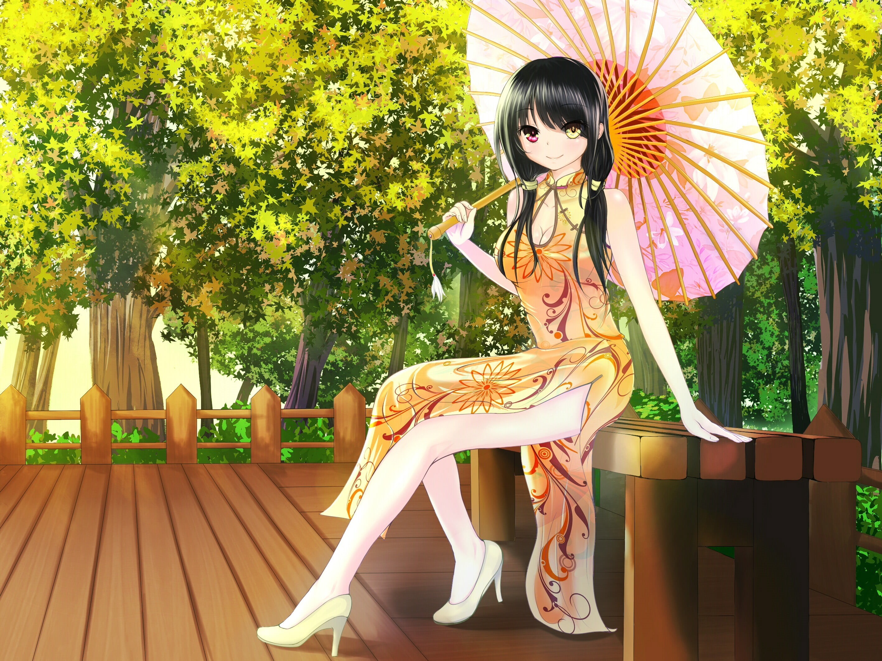 tree, sitting, women, sunlight, lifestyles, twintails, outdoors, umbrella, representation, Date A Live, art and craft, nature, young women, 2K, anime girls, HD Wallpaper