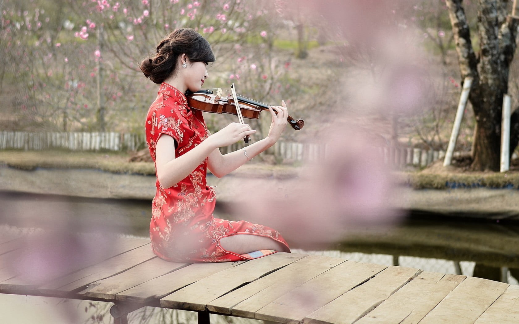 clothing, skill, one person, model, Chinese dress, adult, women outdoors, fashion, 720P, trees, nature, music, sitting, Asian, long hair, flowers, innocence, HD Wallpaper