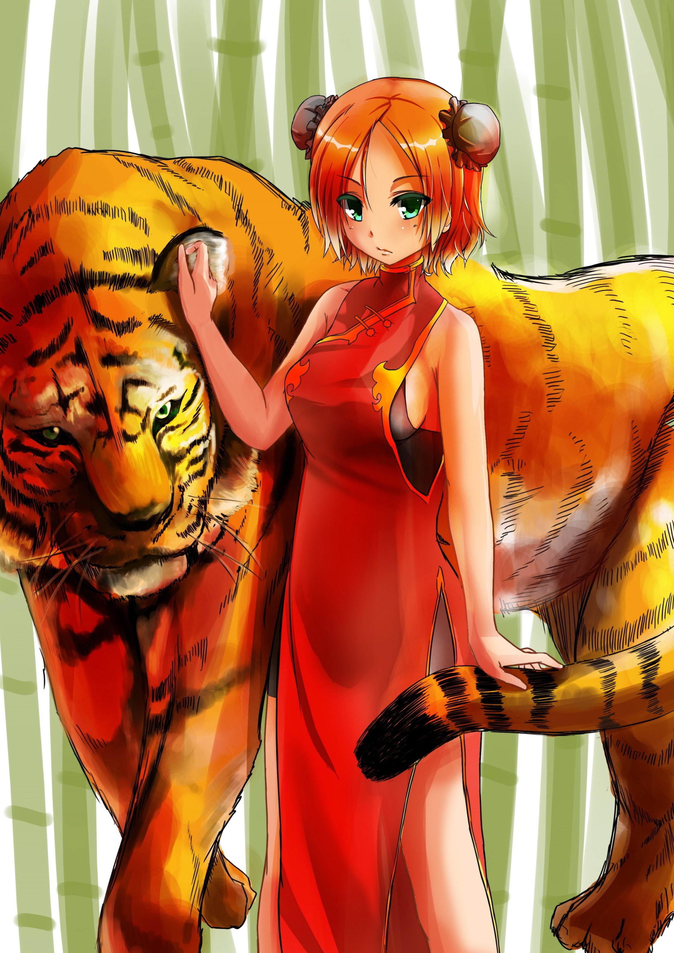anime, Cheongsam, Chinese dress, redhead, 2K, tiger, green eyes, short hair, anime girls, Phone HD Wallpaper