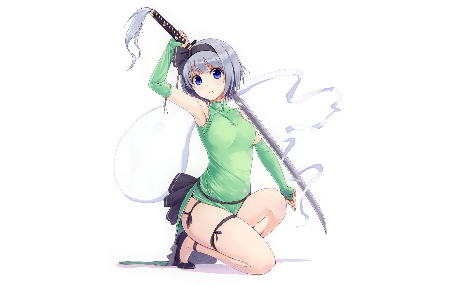 grey hair, Touhou, anime girls, simple background, Chinese dress, katana, Cheongsam, blue eyes, Konpaku Youmu, 1080P, HD Wallpaper