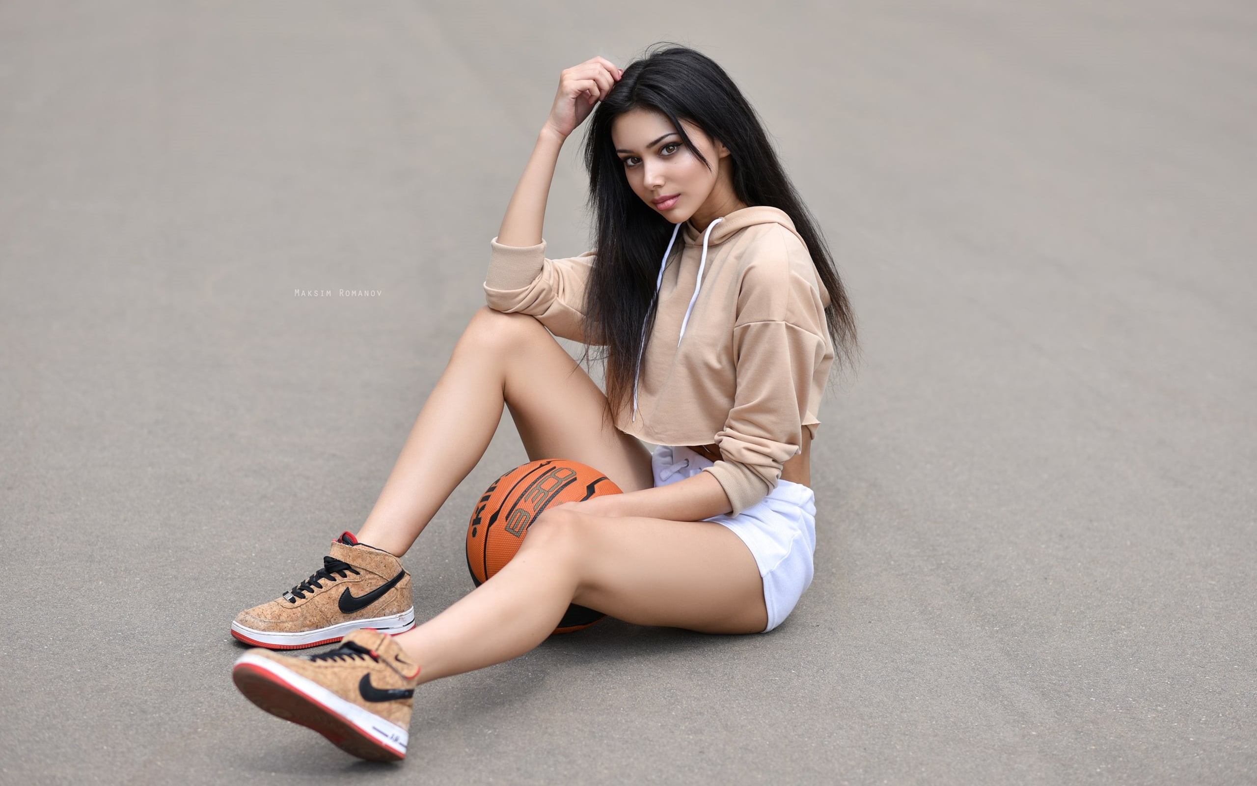 2K, Maksim Romanov, looking at camera, adult, Nike, shorts, sneakers, lifestyles, women, fashion, ball, beautiful woman, shoe, leisure activity, beauty, HD Wallpaper