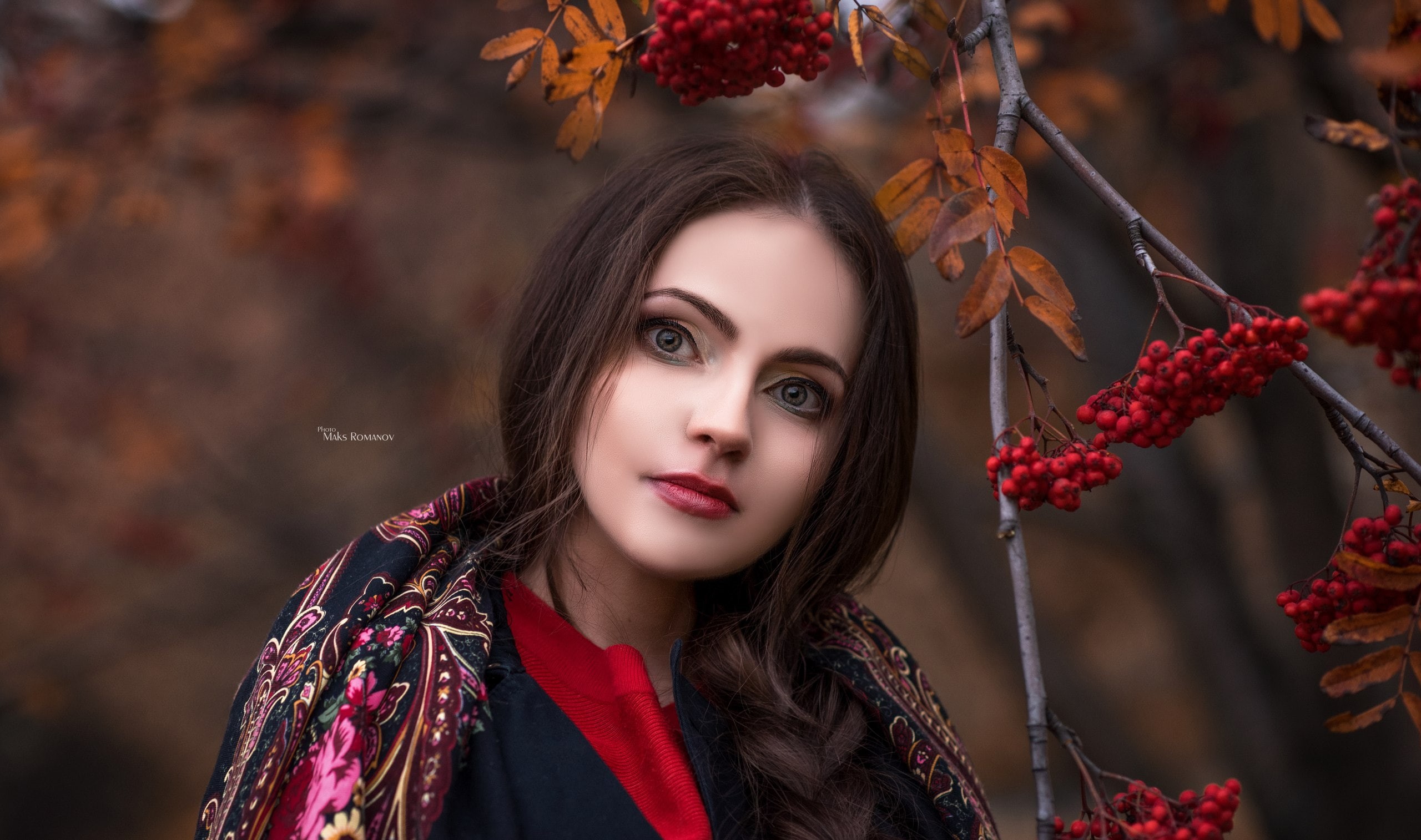 front view, hairstyle, young adult, beauty, women outdoors, 2K, looking at camera, red lipstick, lifestyles, Maksim Romanov, red, focus on foreground, HD Wallpaper