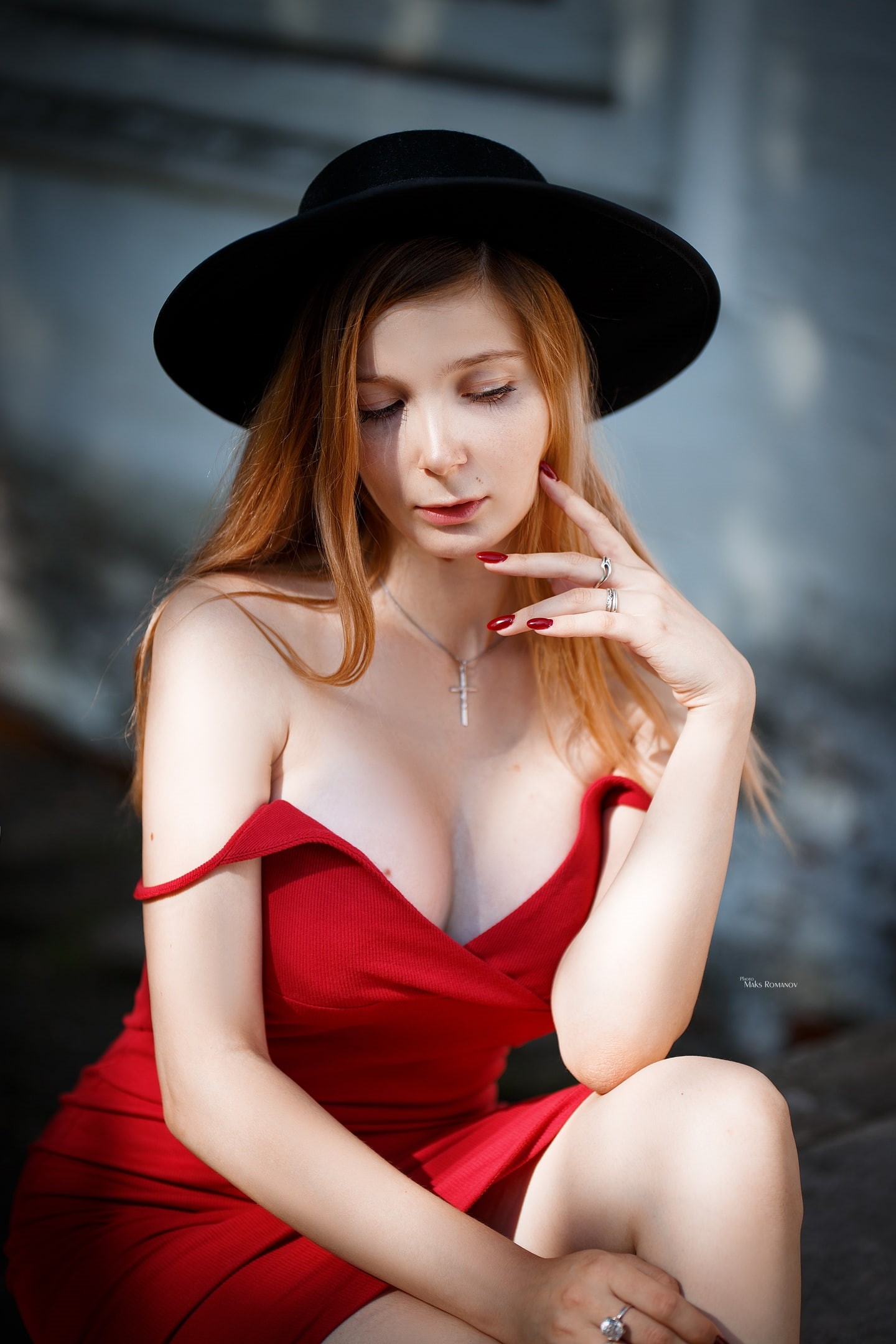 hat, necklace, depth of field, women with hats, cleavage, women outdoors, red nails, touching face, outdoors, Maksim Romanov, model, red dress, bare shoulders, Phone HD Wallpaper