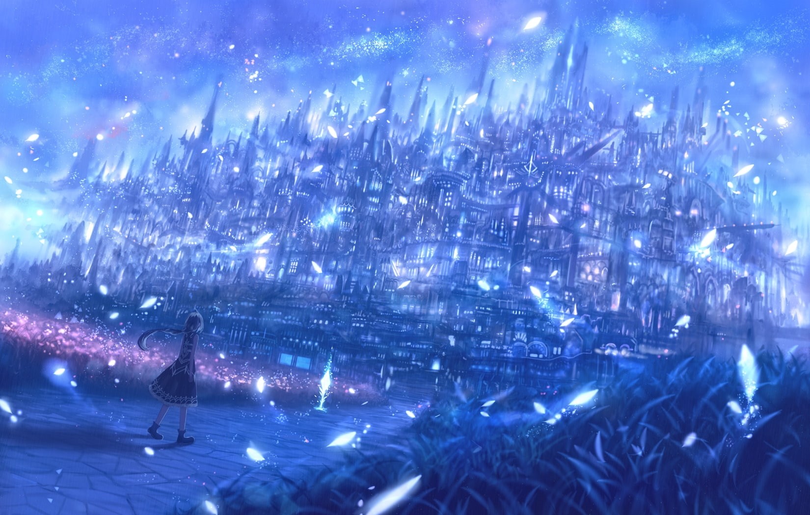 Anime, fantasy land, 720P, anime landscape, leaves, polychromatic, buildings, HD Wallpaper