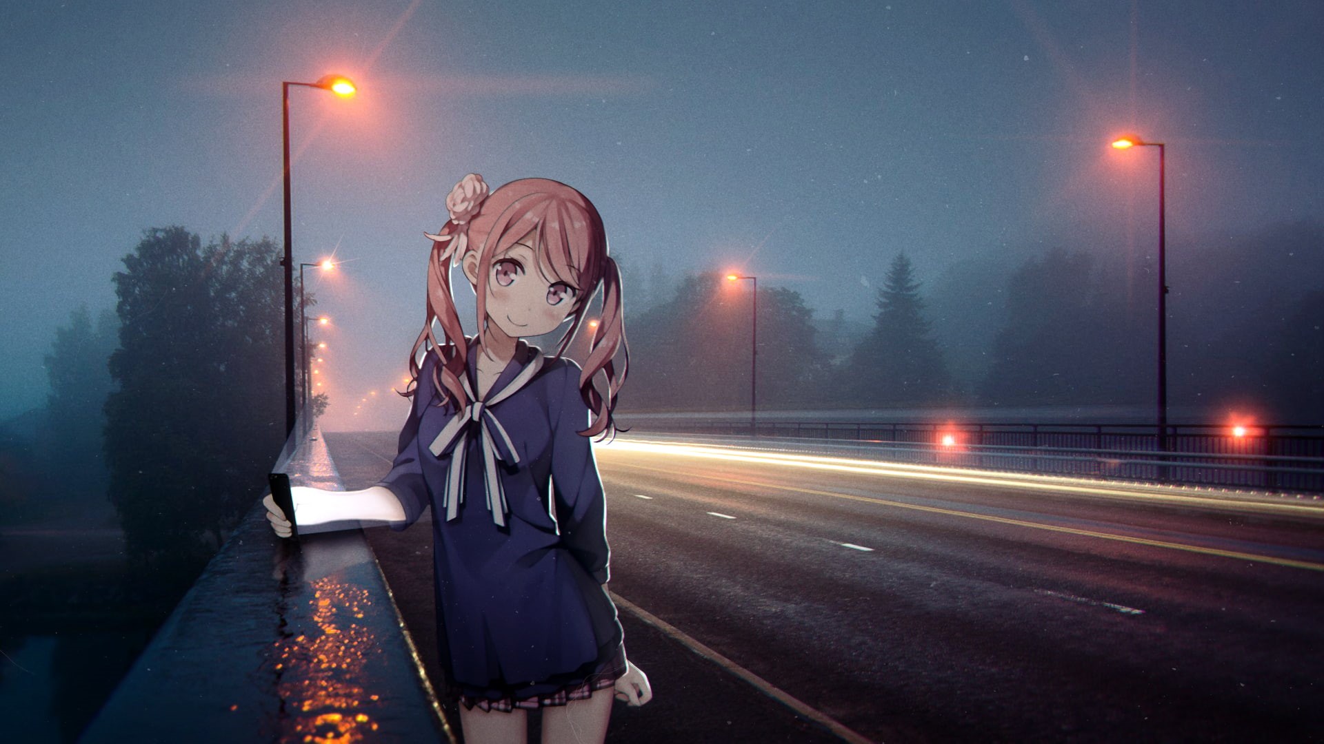 light trail, dusk, lighting equipment, night, adult, road, transportation, 1080P, outdoors, one person, long exposure, street, city, anime girls, sky, HD Wallpaper