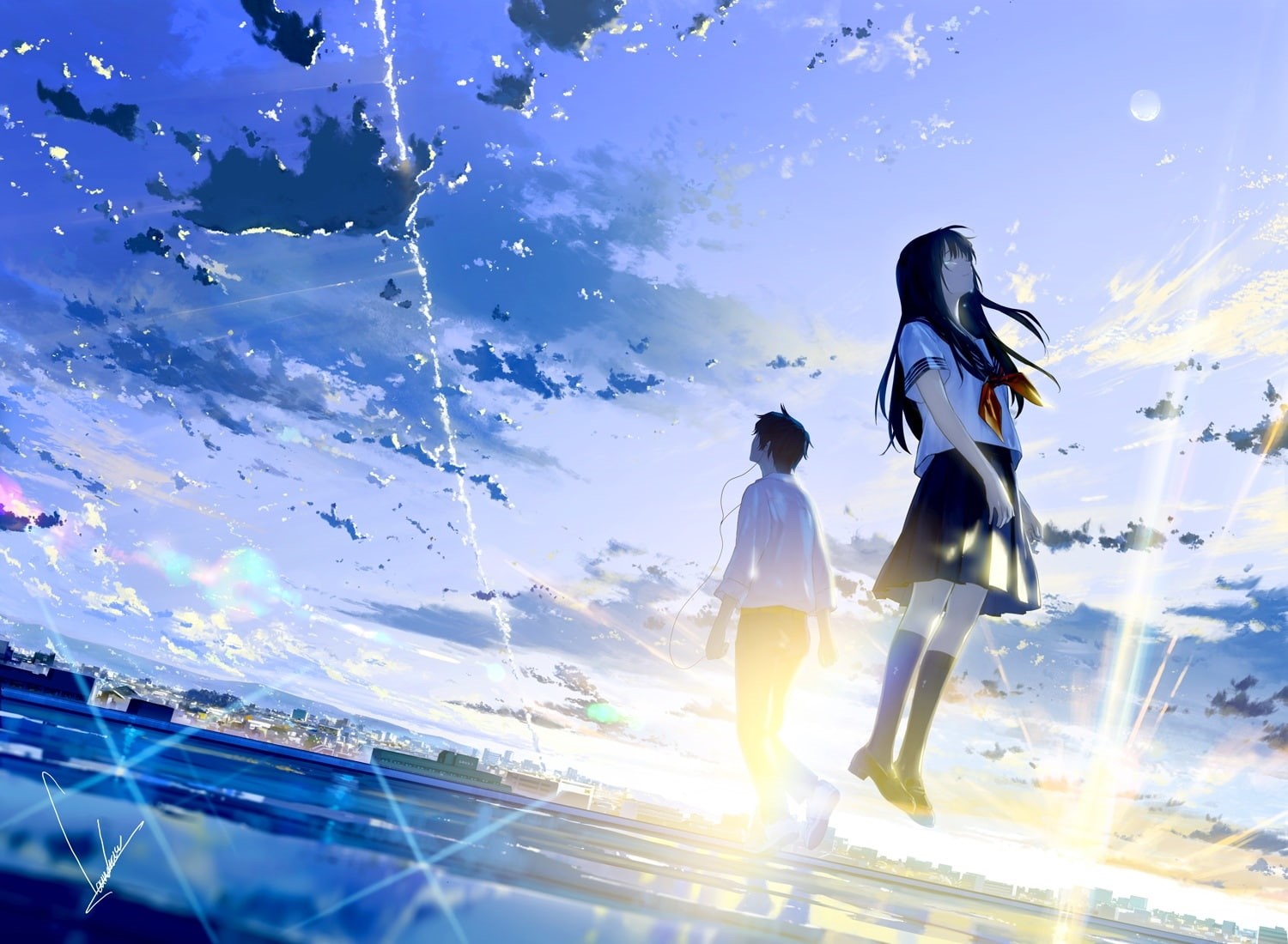 digital composite, crying, 720P, two people, standing, casual clothing, architecture, three quarter length, scenic, togetherness, real people, Anime, women, HD Wallpaper