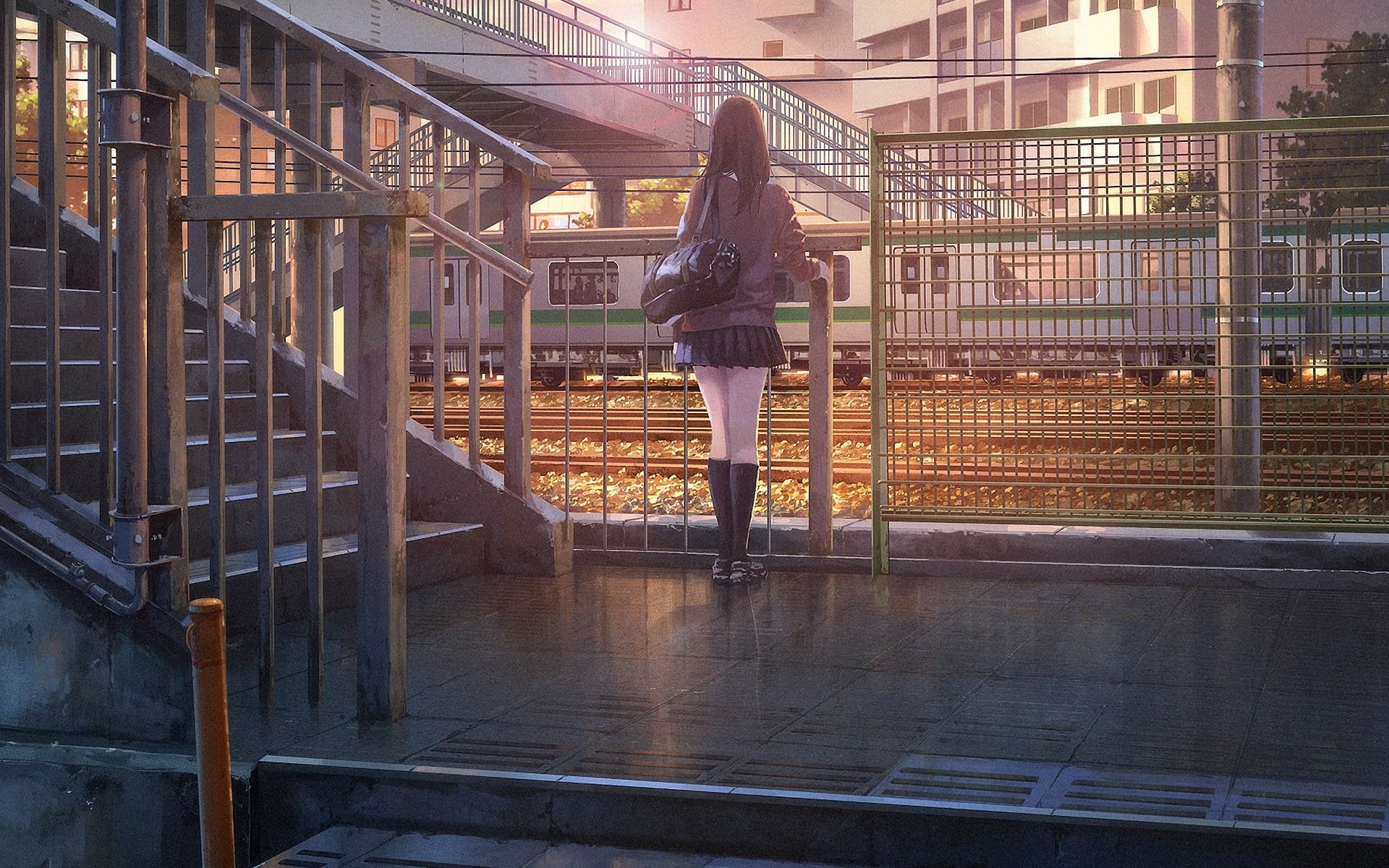 rear view, leisure activity, metal, women, casual clothing, 1080P, city, architecture, anime girls, lifestyles, adult, standing, anime, built structure, HD Wallpaper