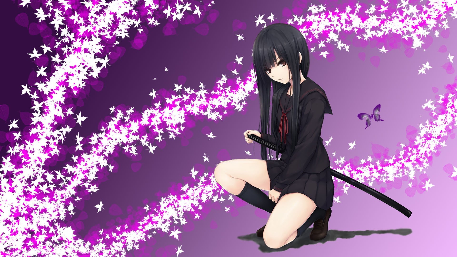 katana, school uniform, 1080P, anime girls, HD Wallpaper