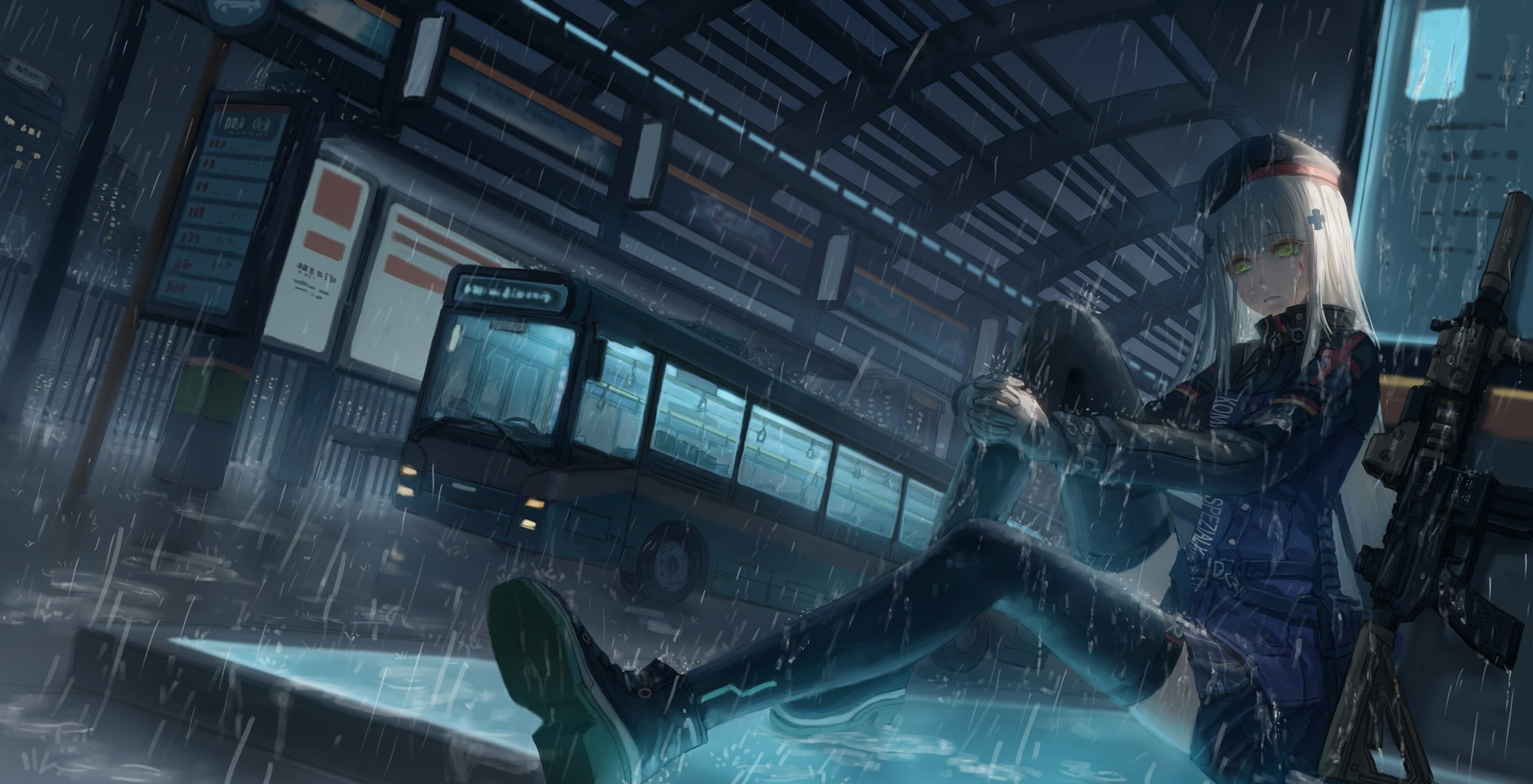reflection, built structure, window, illuminated, leisure activity, bus, glass - material, real people, Anime, 1080P, raining, building, women, lifestyles, HD Wallpaper