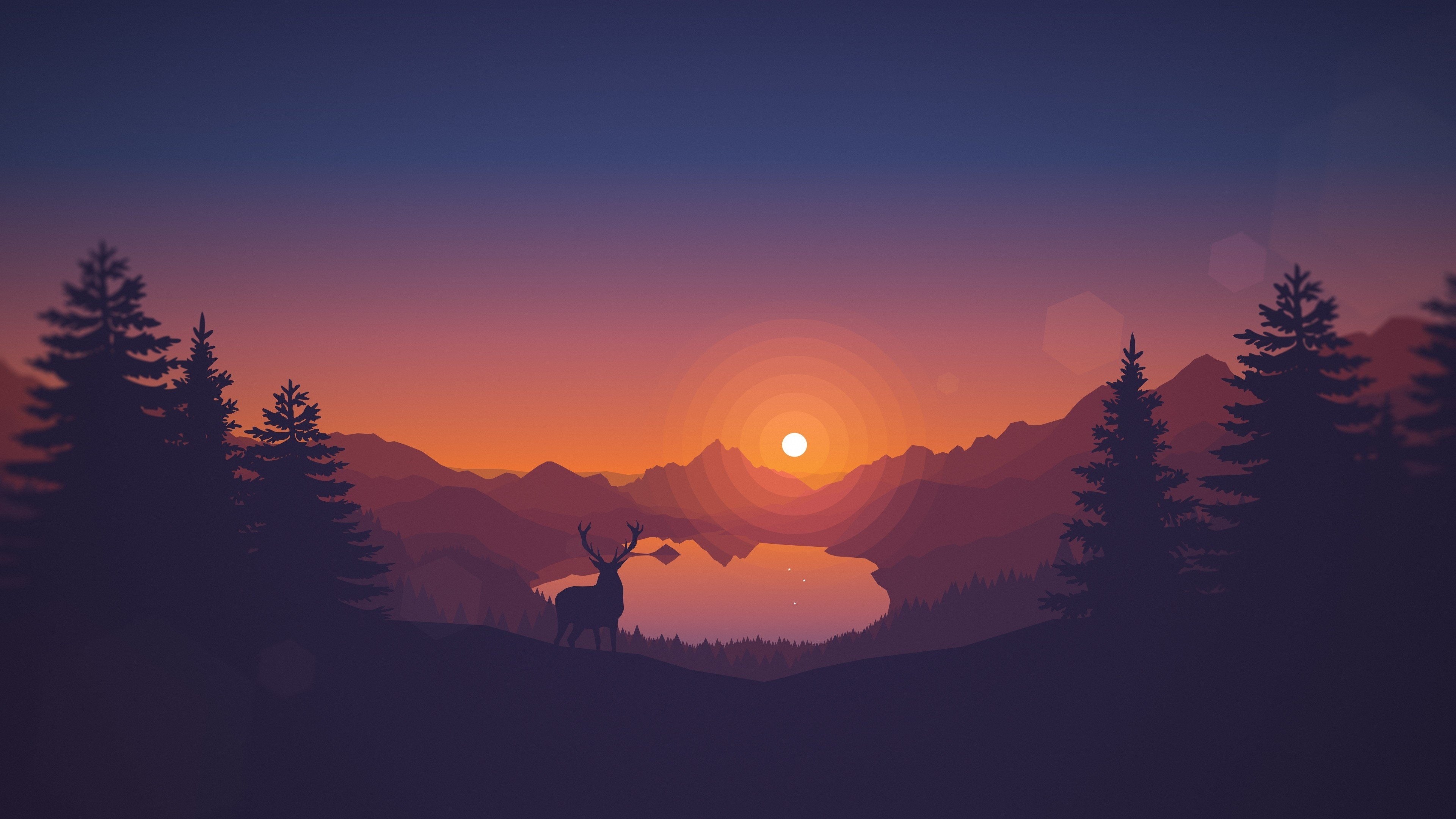 mountain, deer, sun, Others, trees, scenic, 4K, forest, minimalism, toon colors, HD Wallpaper