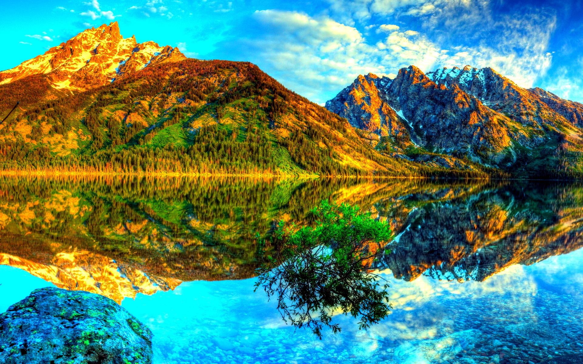 lake, nature and landscapes, mountain, nature, scenic, clouds, reflection, water, reflections, 1080P, blue, HD Wallpaper