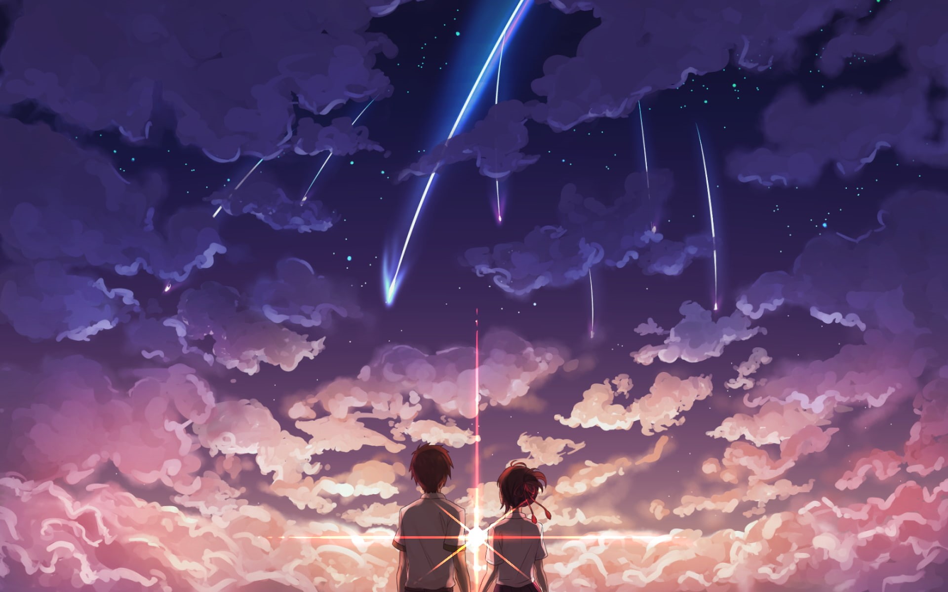 lifestyles, beauty in nature, nature, 1080P, standing, people, illuminated, low angle view, kimi no na wa, night, rear view, scenic, two people, cloud - sky, HD Wallpaper