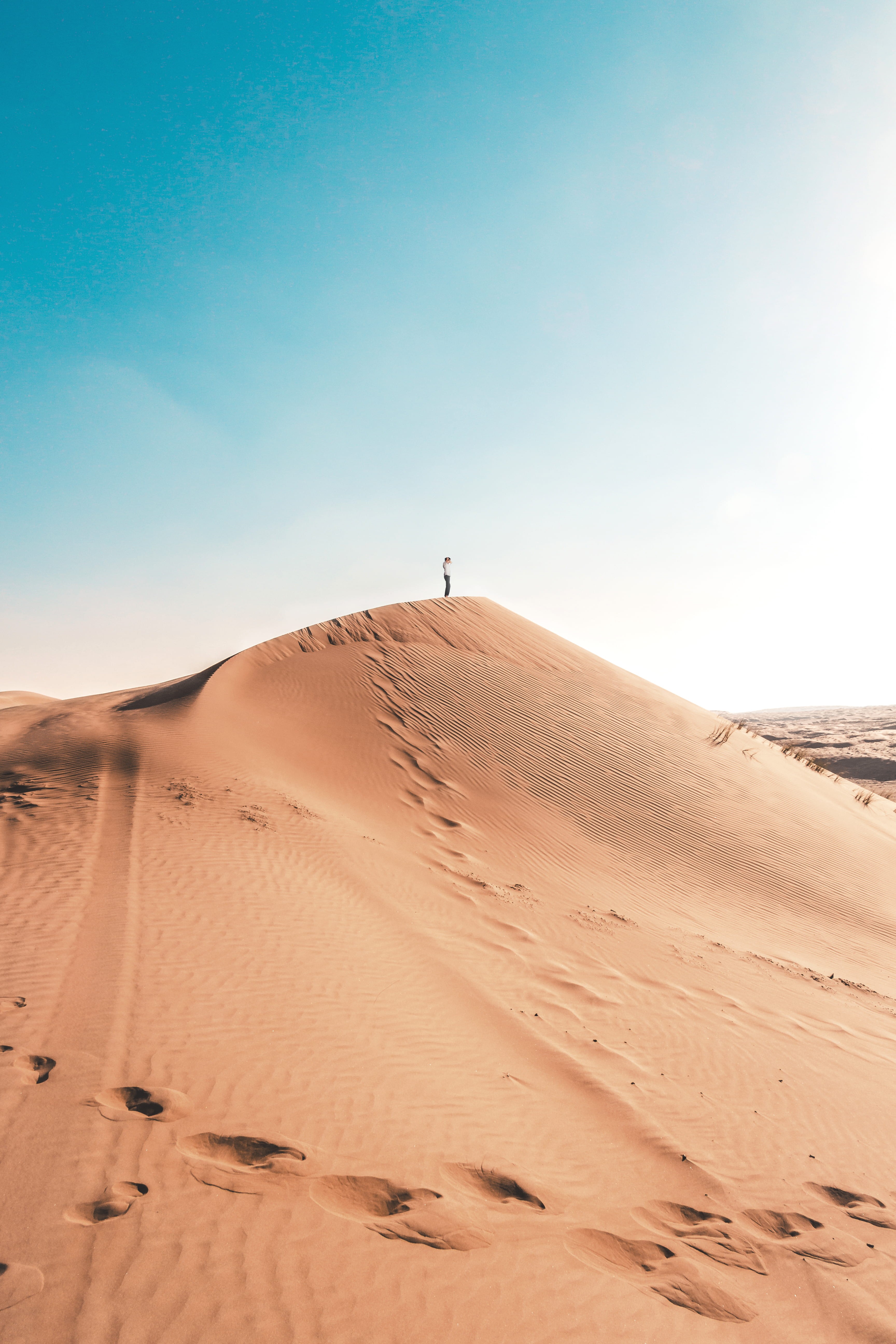 dry, land, sand dune, atmospheric, standing, sand, outdoors, day, non-urban scene, 5K, tranquility, nature, arid climate, beauty in nature, clear sky, Phone HD Wallpaper