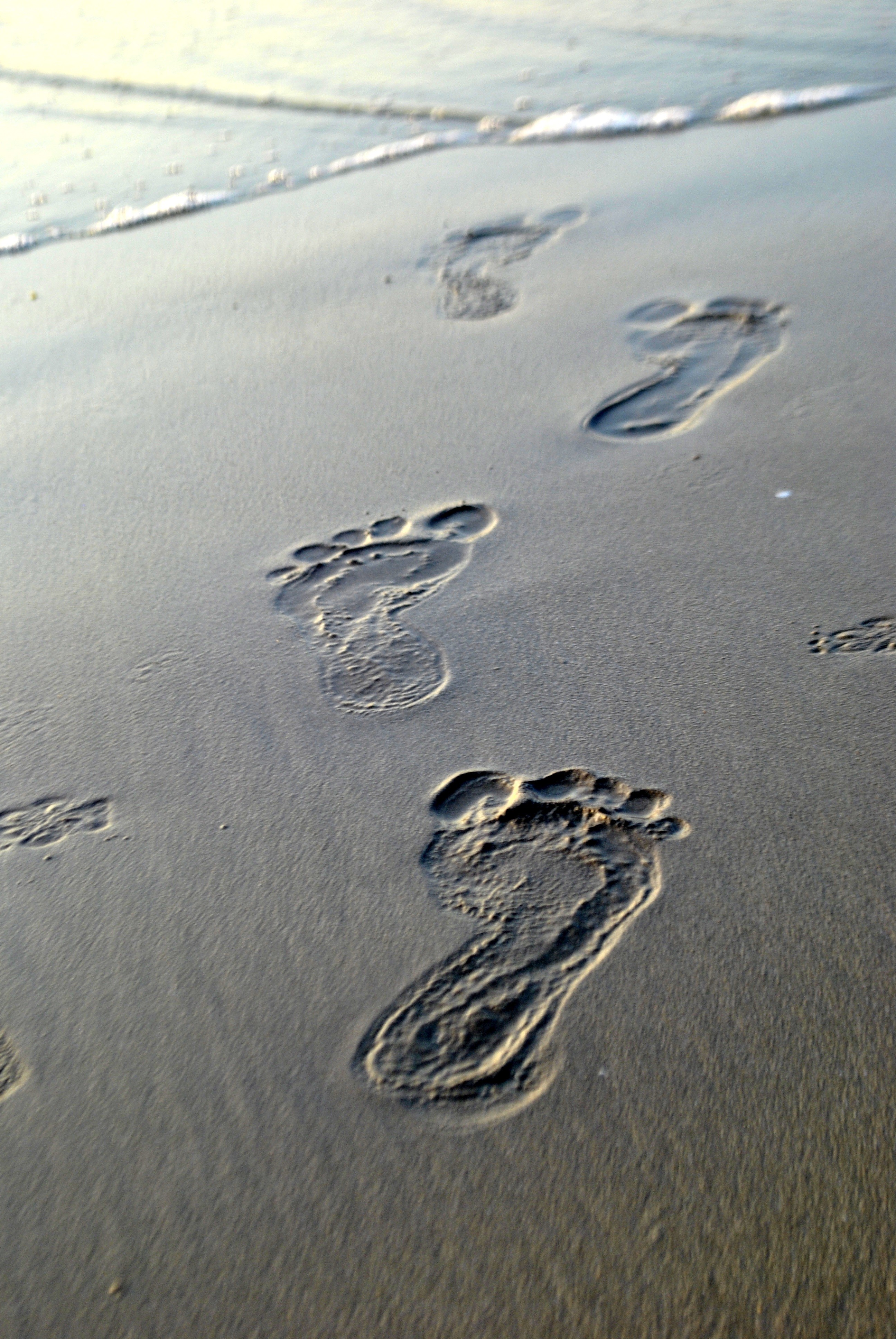 footsteps, tranquility, water, outdoors, footprints, 4K, beauty in nature, land, print, beach, high angle view, direction, day, barefoot, summer, traces, Phone HD Wallpaper
