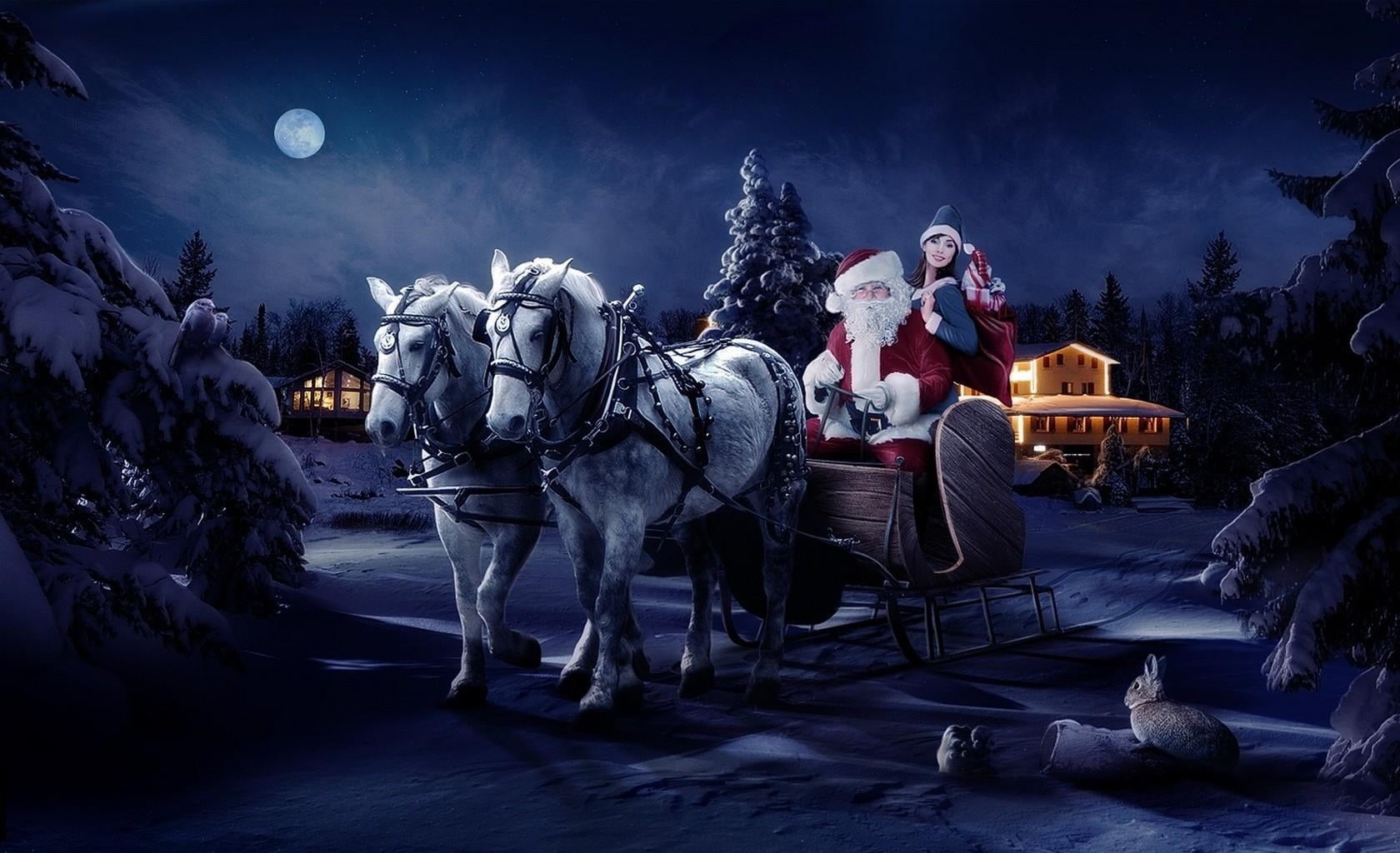 celebration, one animal, winter, girl, santa claus, dusk, 720P, claus, illuminated, christmas, full moon, outdoors, domestic, horse, carriage, domestic animals, HD Wallpaper