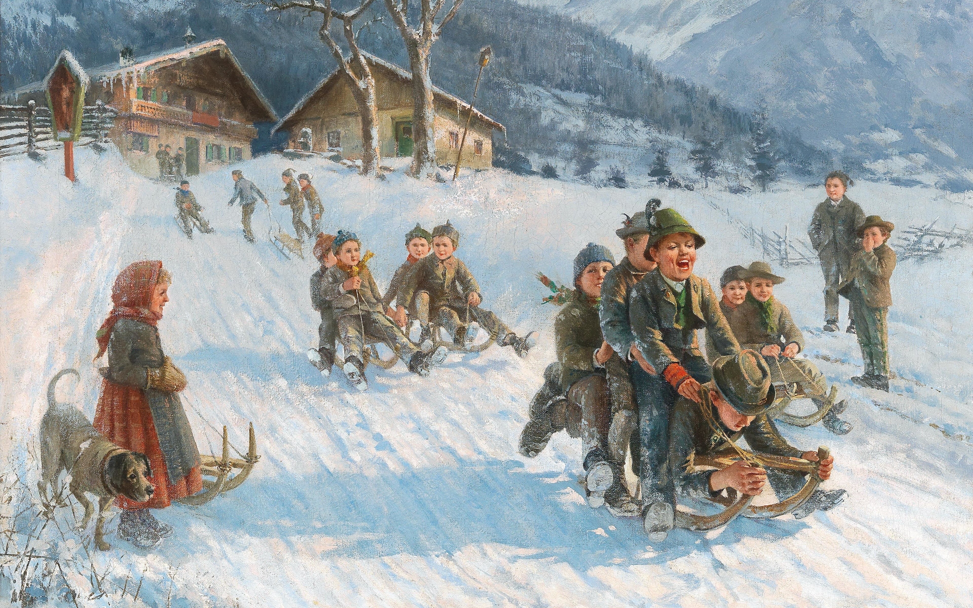 oil on canvas, German painter, Funny sleigh ride, Theodore Klekas, Toboggan fun walk, Fun Sleigh Ride, Theodor Kleehaas, 4K, HD Wallpaper