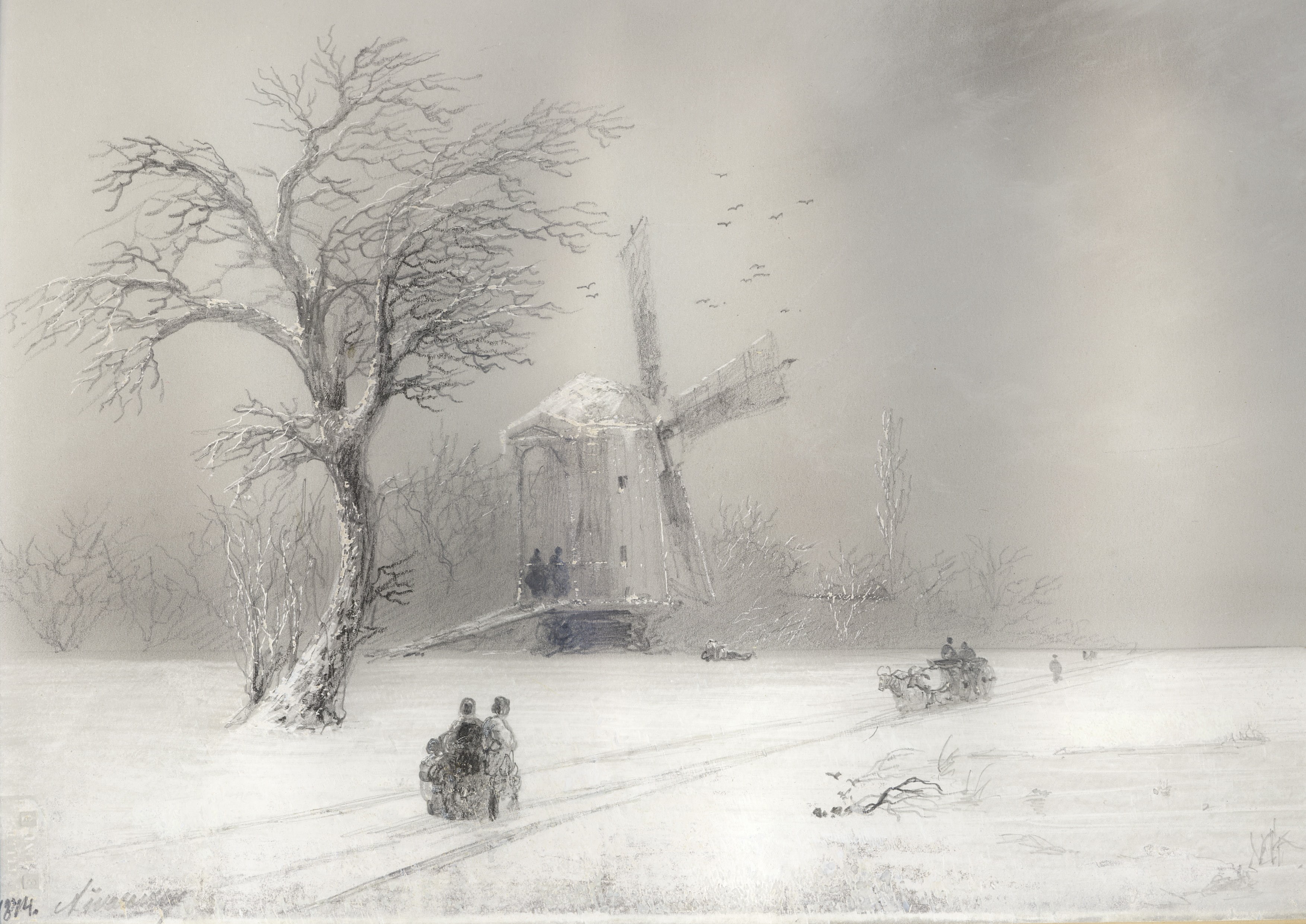 outdoors, painting, Aivazovsky, field, frozen, cover, beauty in nature, fog, Blizzard, road, black And White, sky, environment, 2K, winter, architecture, HD Wallpaper
